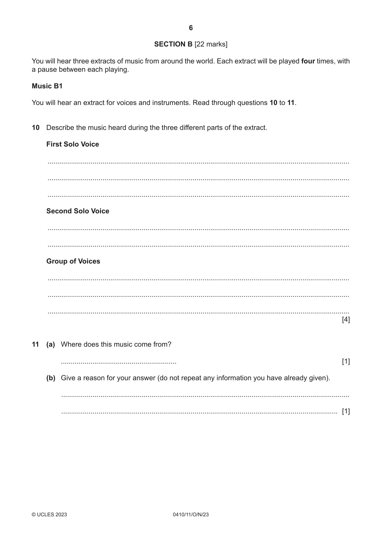 Cambridge IGCSE Music 0410 2023 Oct/Nov Paper 1 · Variant 1 question paper, page 6 of 16