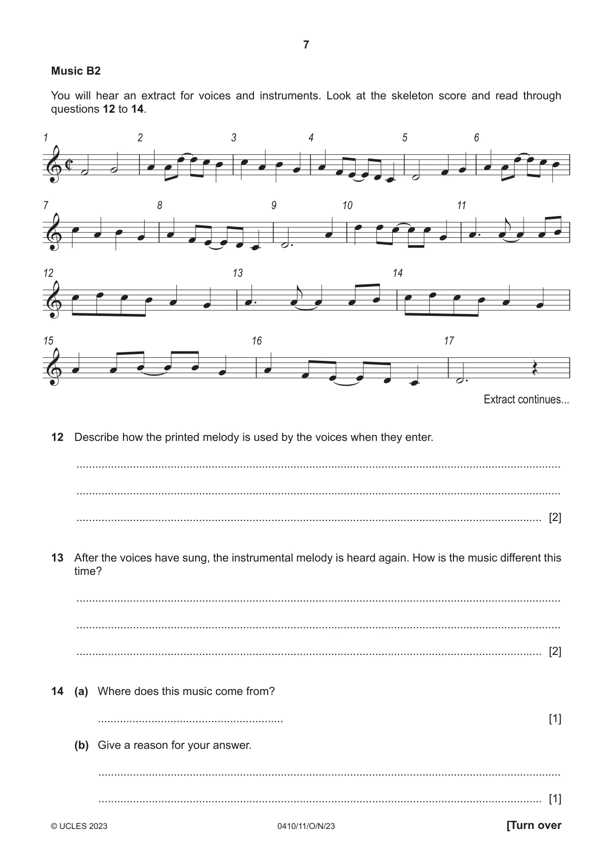 Cambridge IGCSE Music 0410 2023 Oct/Nov Paper 1 · Variant 1 question paper, page 7 of 16