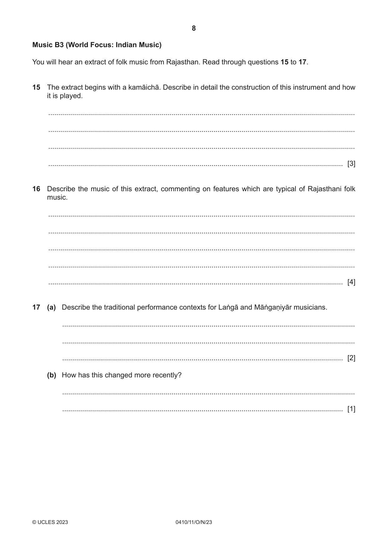 Cambridge IGCSE Music 0410 2023 Oct/Nov Paper 1 · Variant 1 question paper, page 8 of 16
