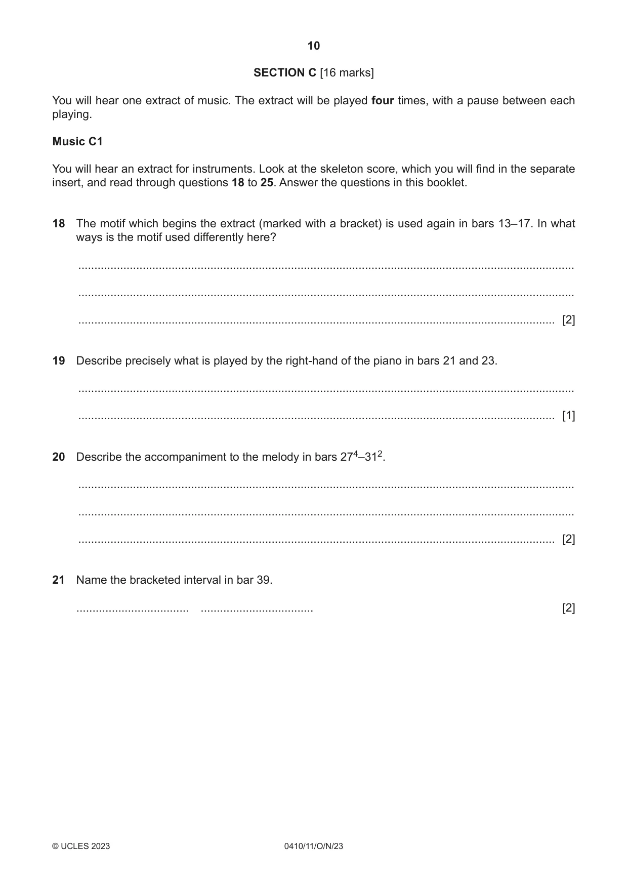 Cambridge IGCSE Music 0410 2023 Oct/Nov Paper 1 · Variant 1 question paper, page 10 of 16