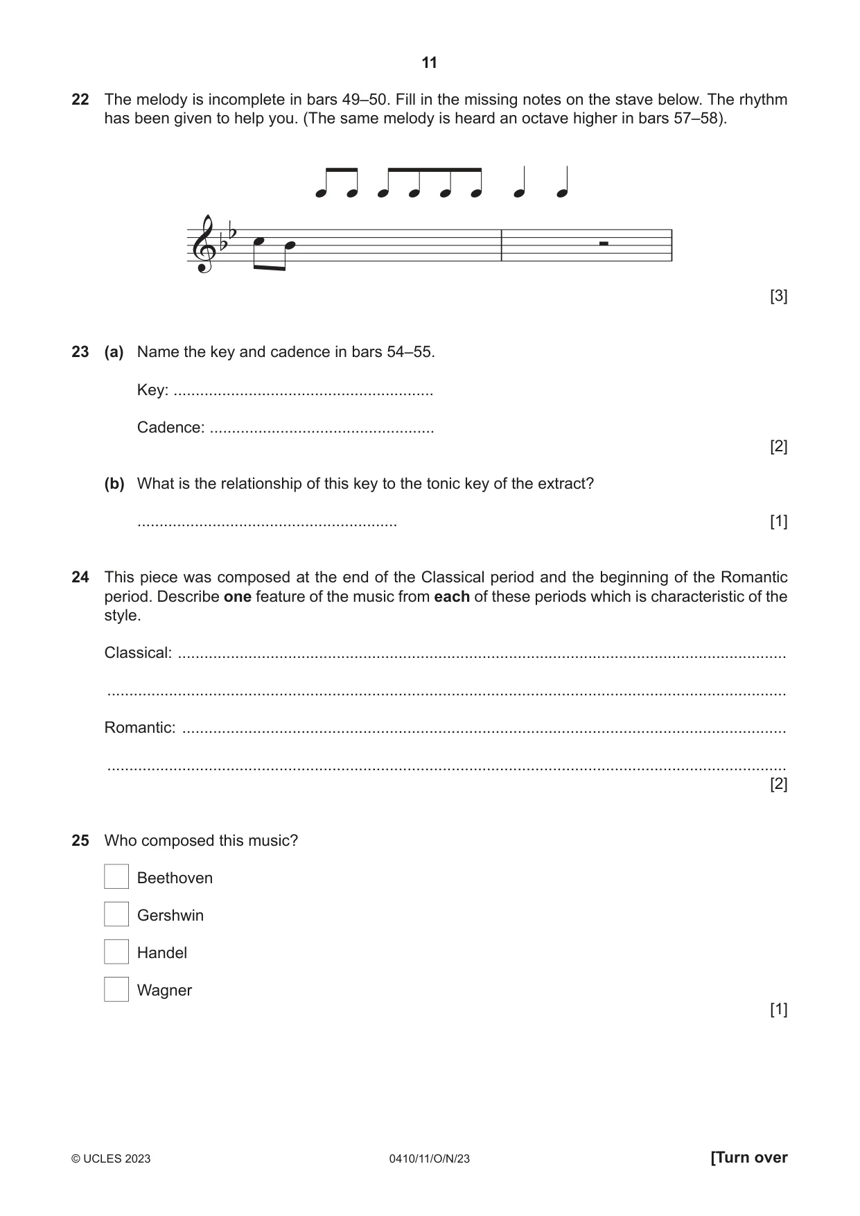 Cambridge IGCSE Music 0410 2023 Oct/Nov Paper 1 · Variant 1 question paper, page 11 of 16