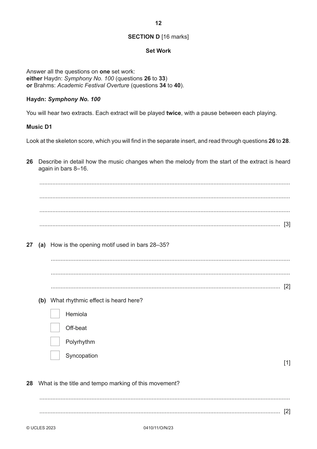 Cambridge IGCSE Music 0410 2023 Oct/Nov Paper 1 · Variant 1 question paper, page 12 of 16