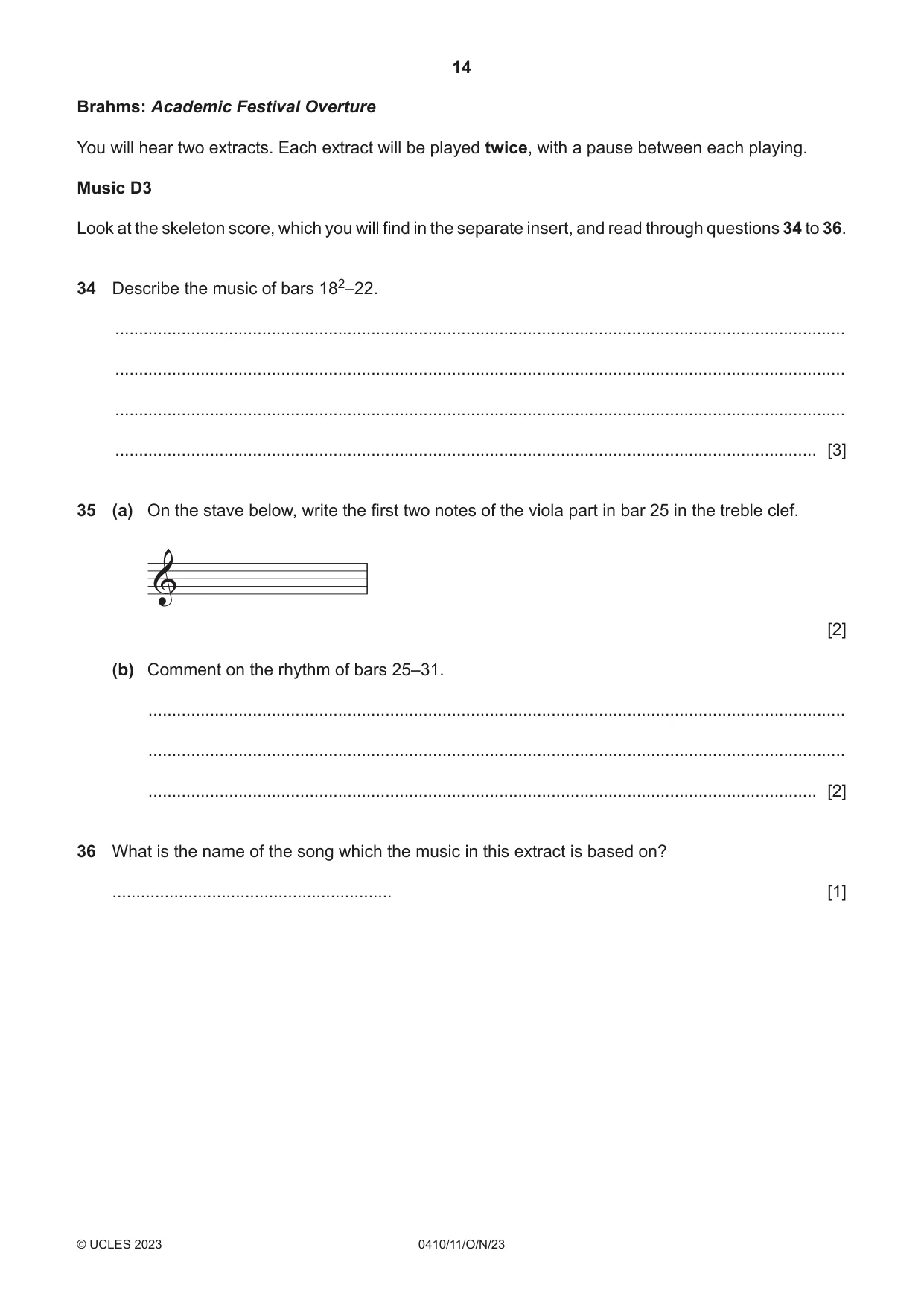 Cambridge IGCSE Music 0410 2023 Oct/Nov Paper 1 · Variant 1 question paper, page 14 of 16