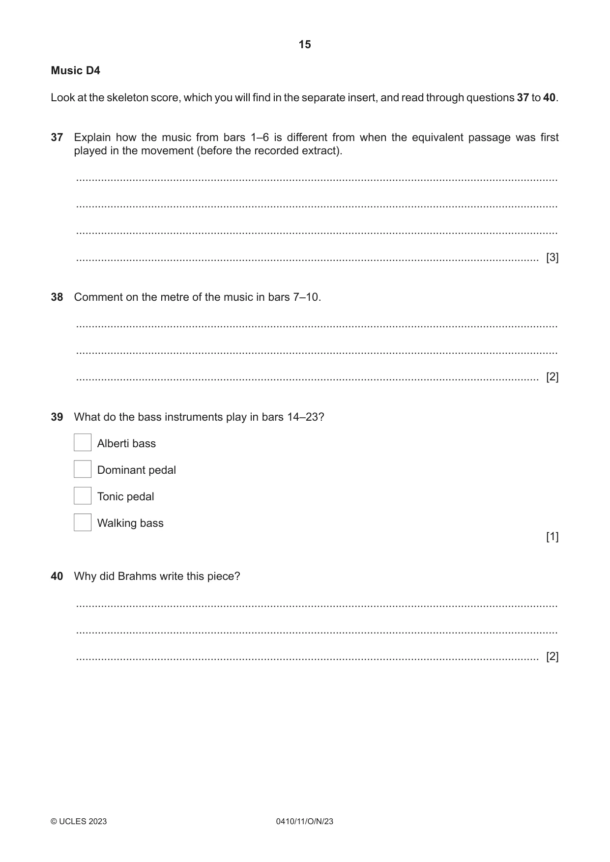 Cambridge IGCSE Music 0410 2023 Oct/Nov Paper 1 · Variant 1 question paper, page 15 of 16