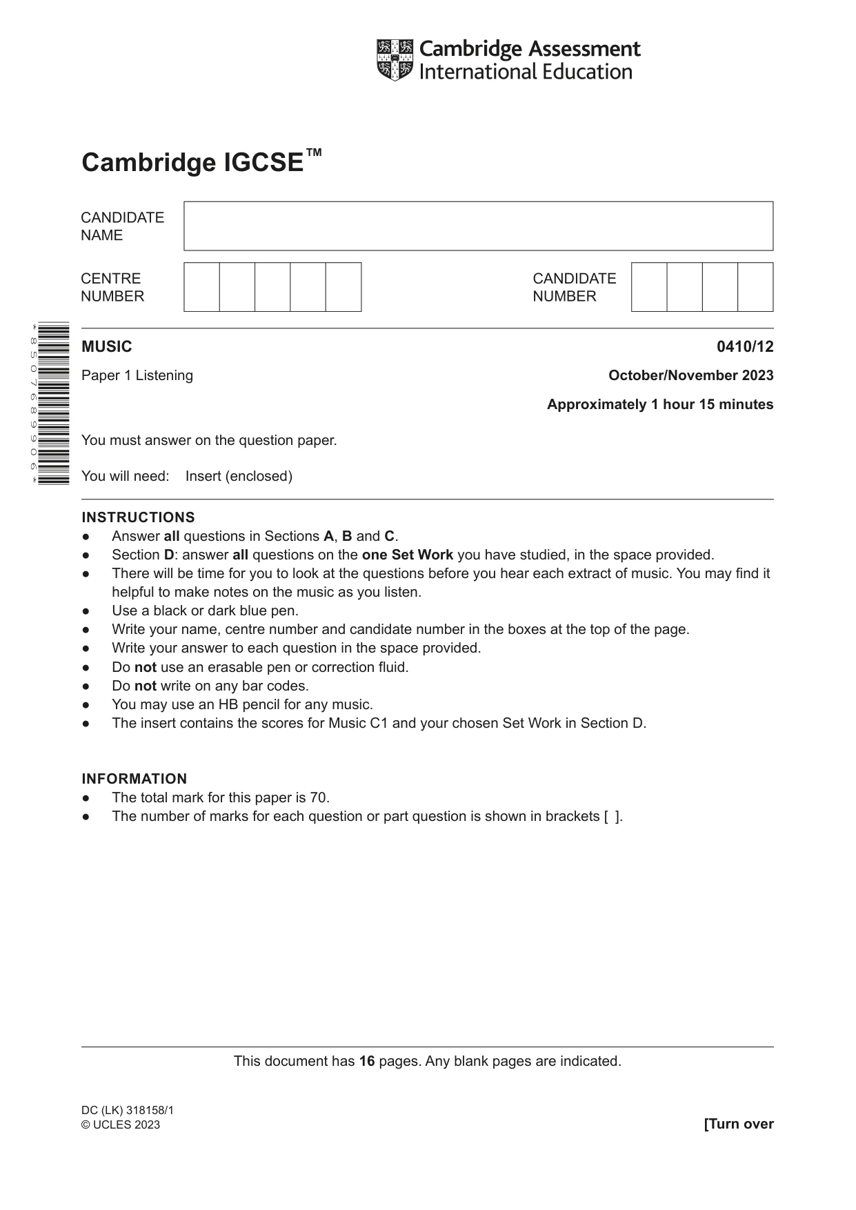 Cambridge IGCSE Music 0410 2023 Oct/Nov Paper 1 · Variant 2 question paper, page 1 of 16