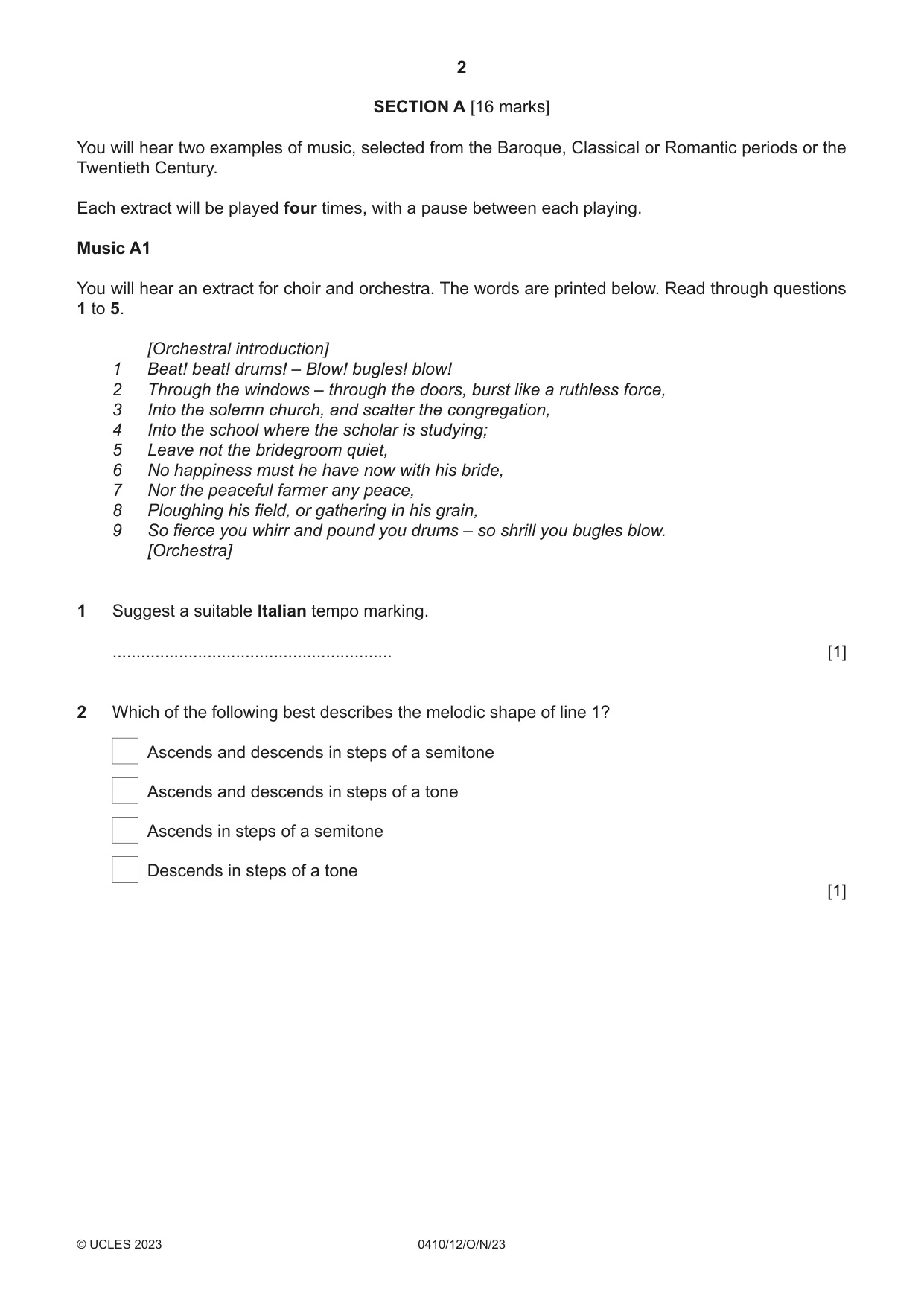 Cambridge IGCSE Music 0410 2023 Oct/Nov Paper 1 · Variant 2 question paper, page 2 of 16