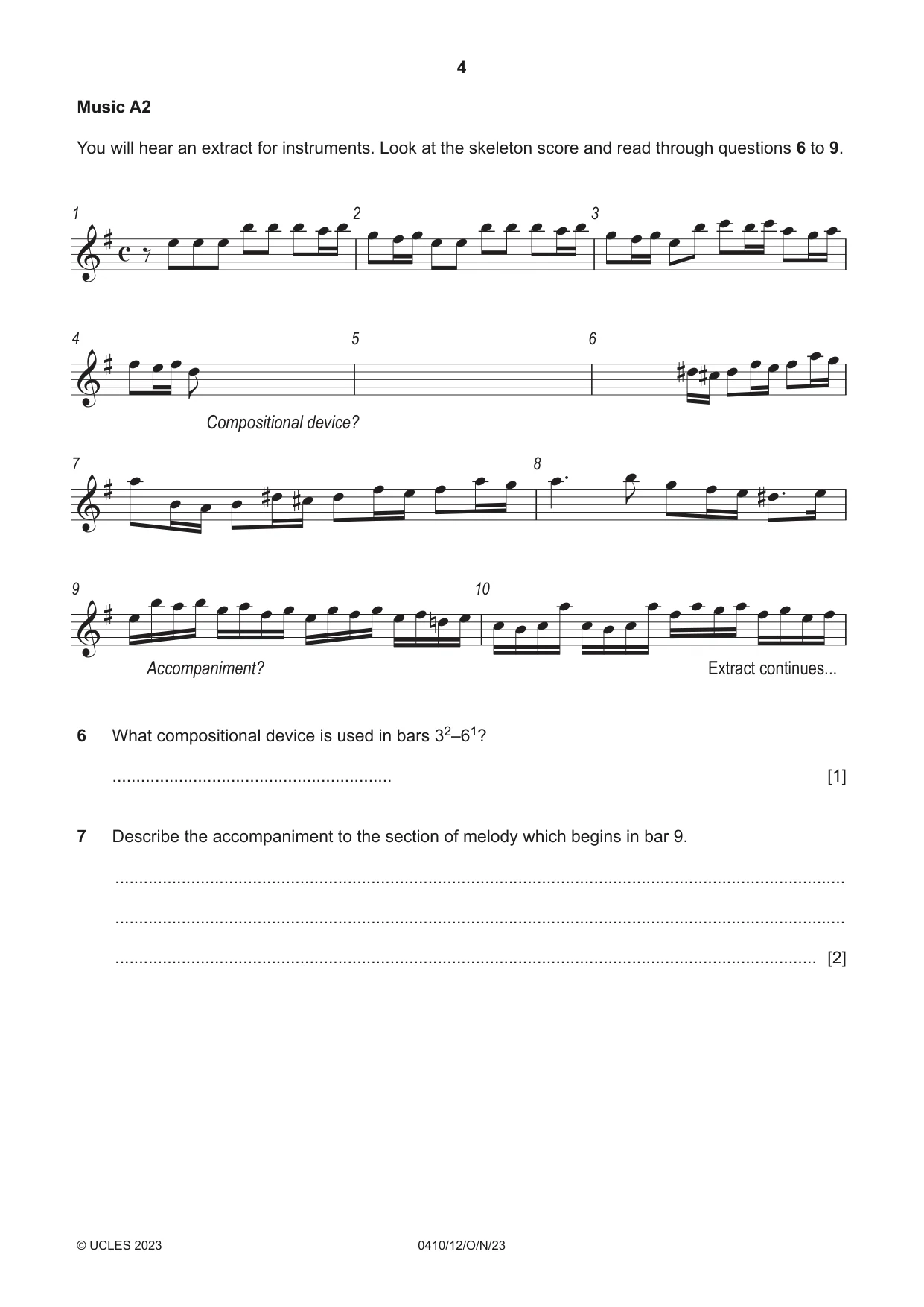 Cambridge IGCSE Music 0410 2023 Oct/Nov Paper 1 · Variant 2 question paper, page 4 of 16