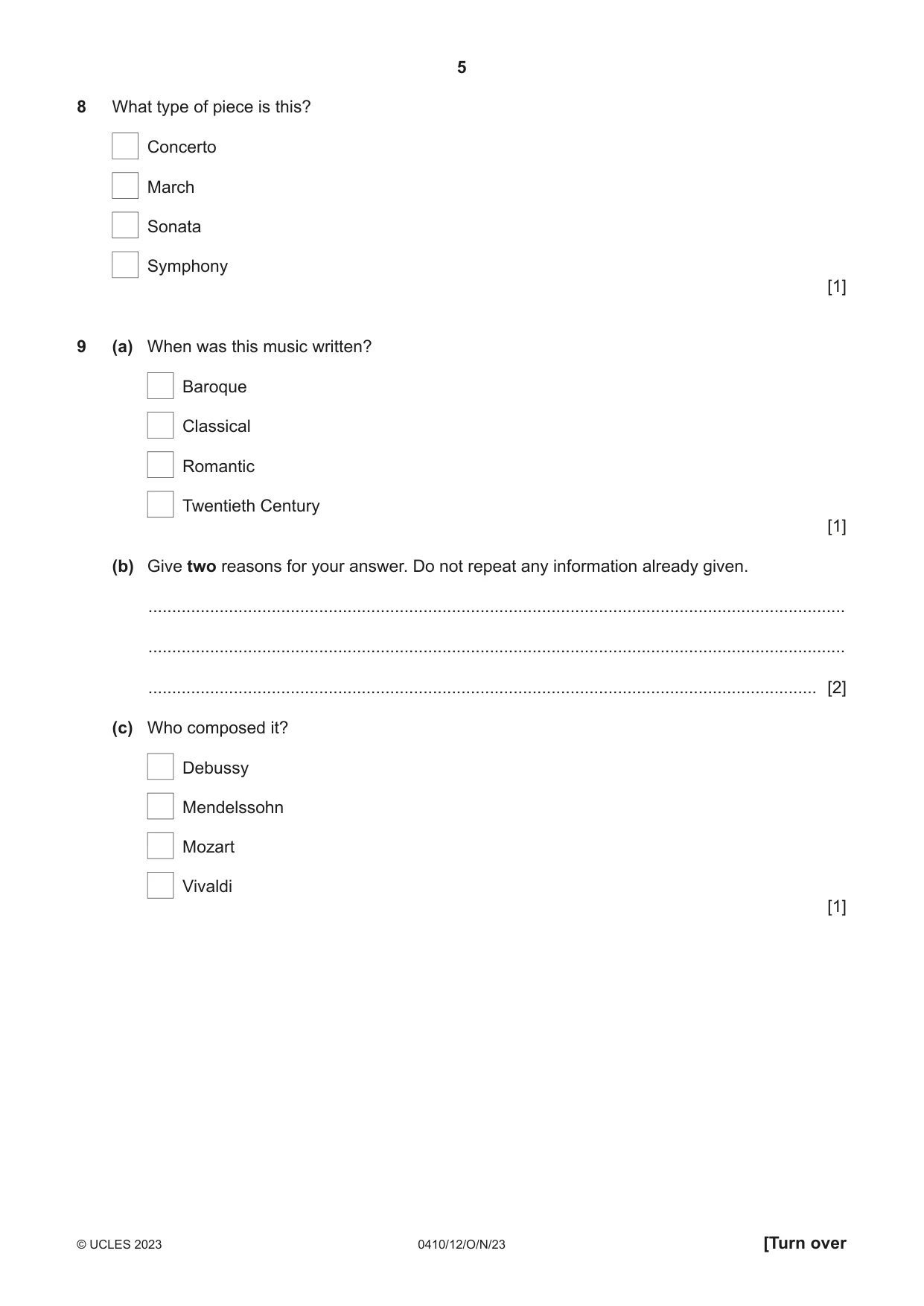 Cambridge IGCSE Music 0410 2023 Oct/Nov Paper 1 · Variant 2 question paper, page 5 of 16