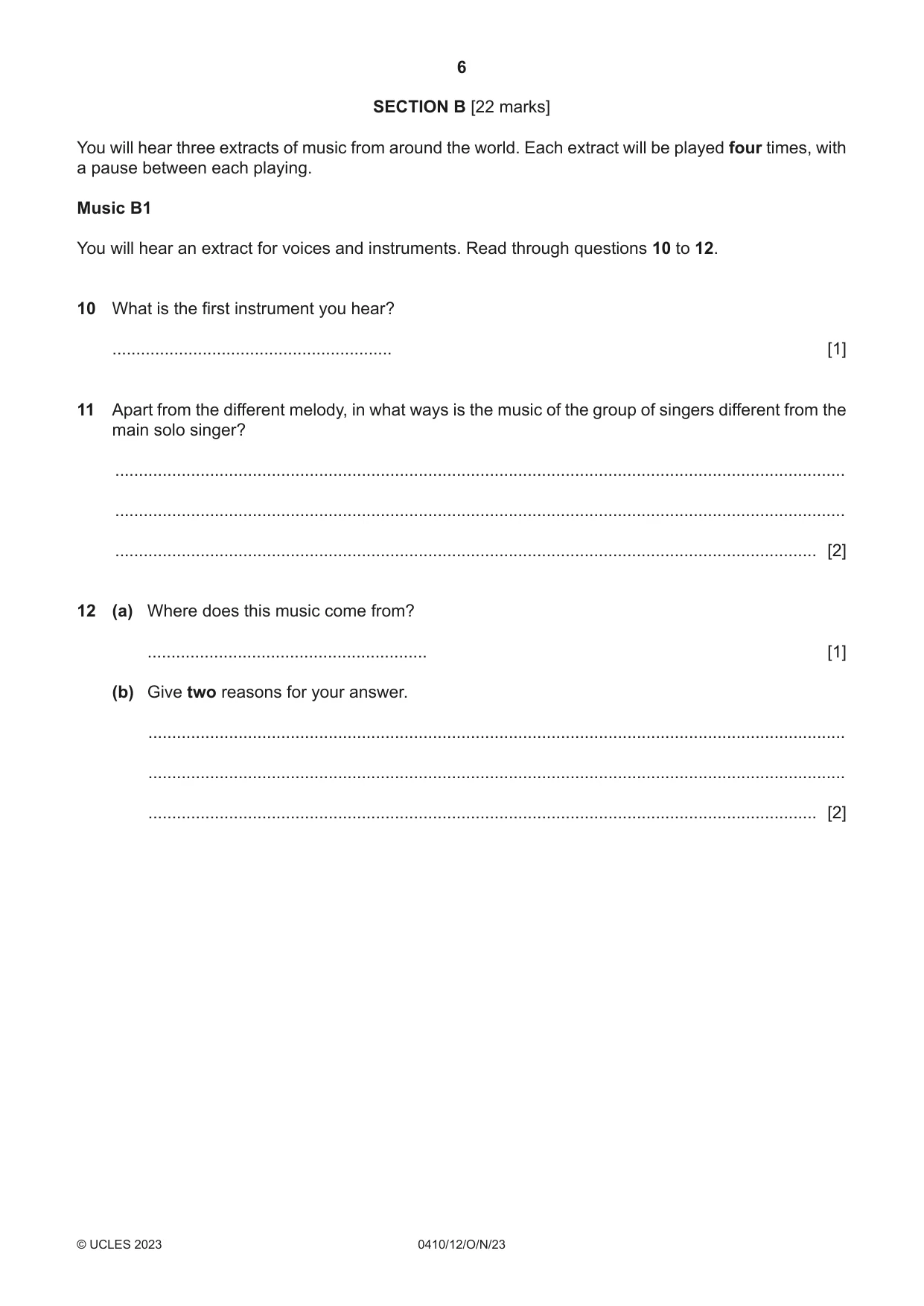 Cambridge IGCSE Music 0410 2023 Oct/Nov Paper 1 · Variant 2 question paper, page 6 of 16