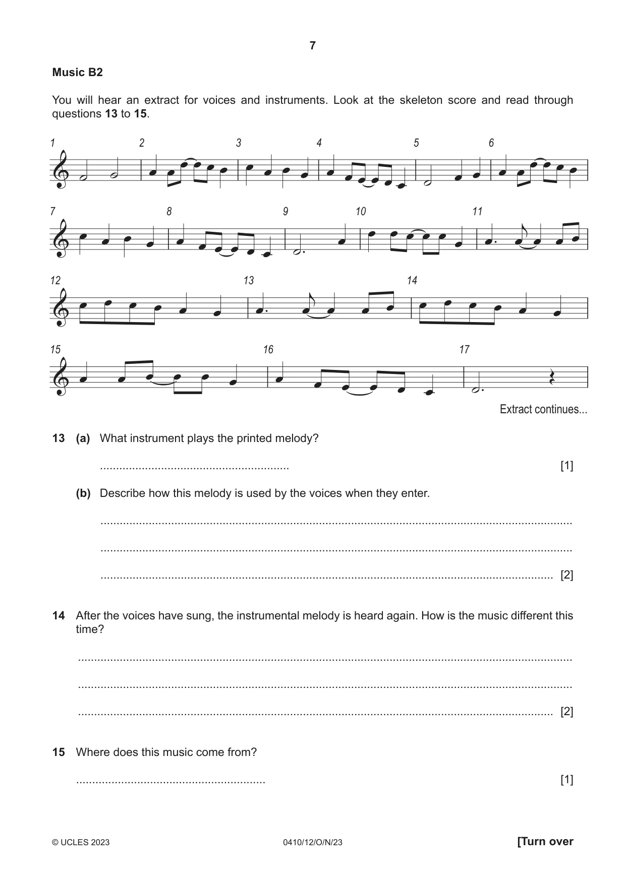 Cambridge IGCSE Music 0410 2023 Oct/Nov Paper 1 · Variant 2 question paper, page 7 of 16
