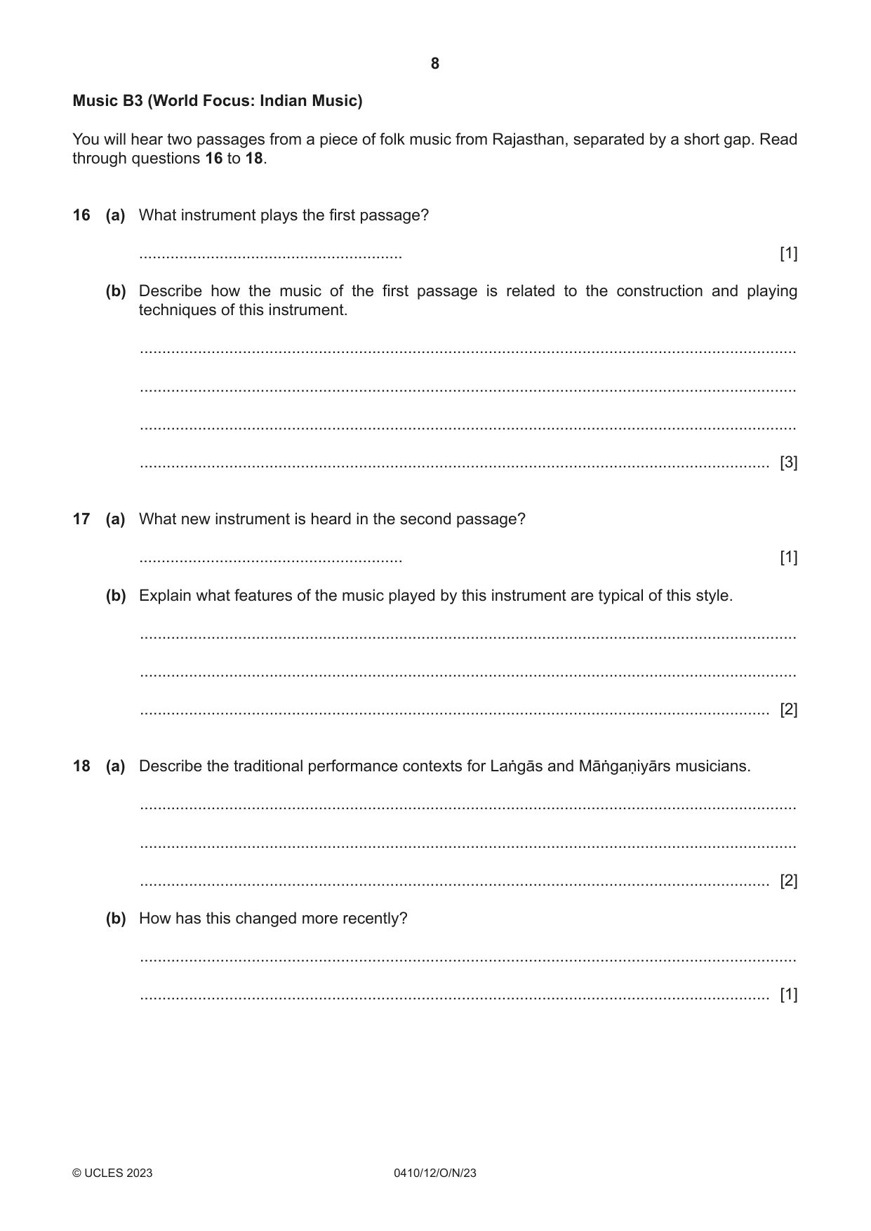 Cambridge IGCSE Music 0410 2023 Oct/Nov Paper 1 · Variant 2 question paper, page 8 of 16