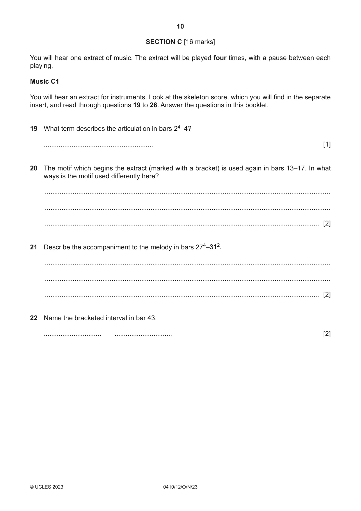 Cambridge IGCSE Music 0410 2023 Oct/Nov Paper 1 · Variant 2 question paper, page 10 of 16