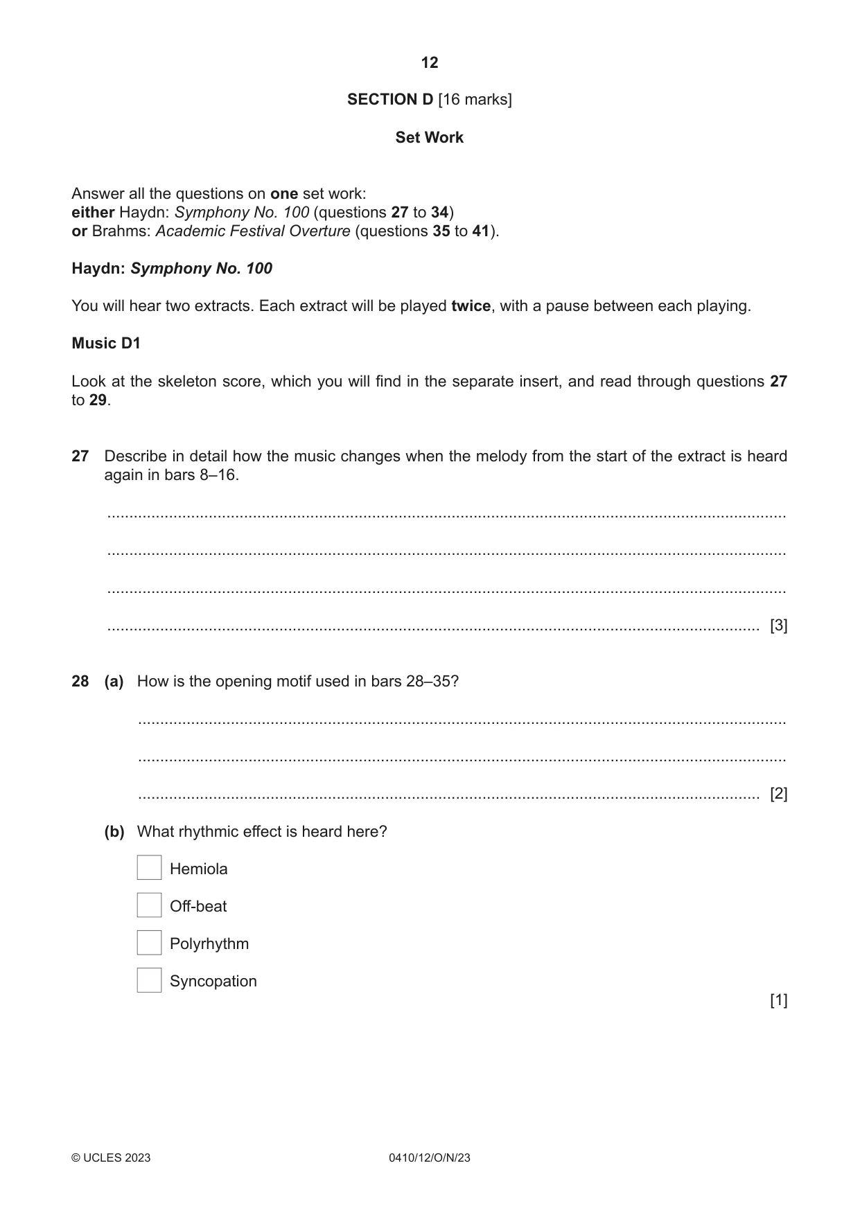 Cambridge IGCSE Music 0410 2023 Oct/Nov Paper 1 · Variant 2 question paper, page 12 of 16