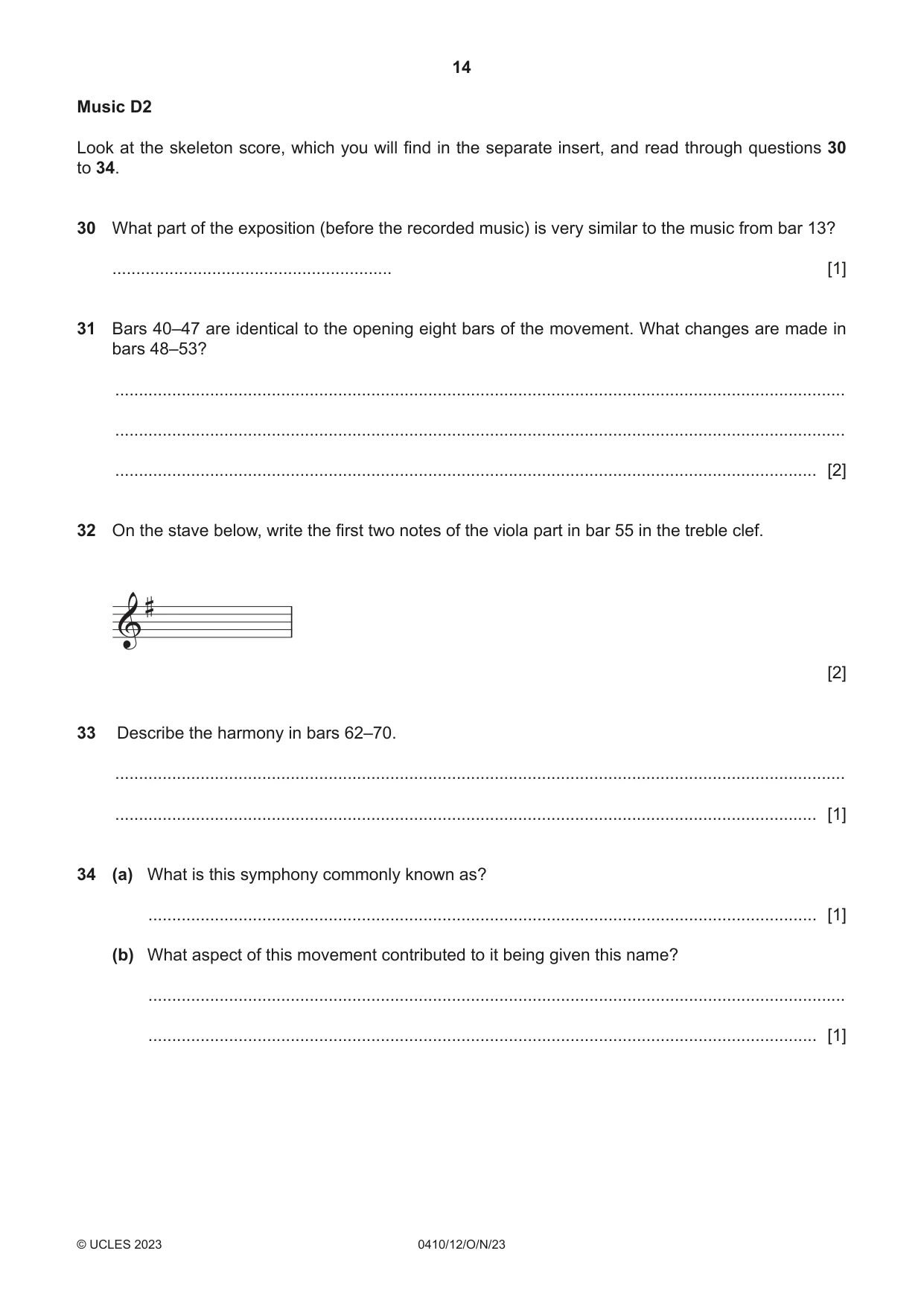 Cambridge IGCSE Music 0410 2023 Oct/Nov Paper 1 · Variant 2 question paper, page 14 of 16