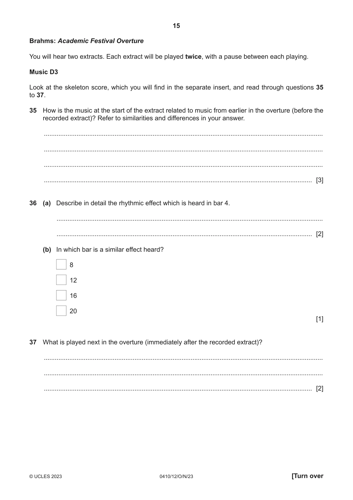 Cambridge IGCSE Music 0410 2023 Oct/Nov Paper 1 · Variant 2 question paper, page 15 of 16
