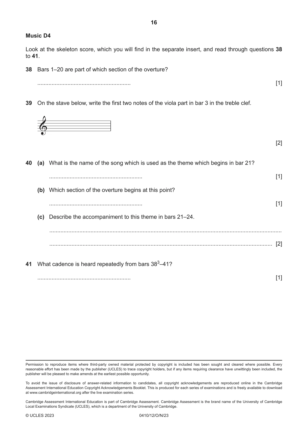 Cambridge IGCSE Music 0410 2023 Oct/Nov Paper 1 · Variant 2 question paper, page 16 of 16