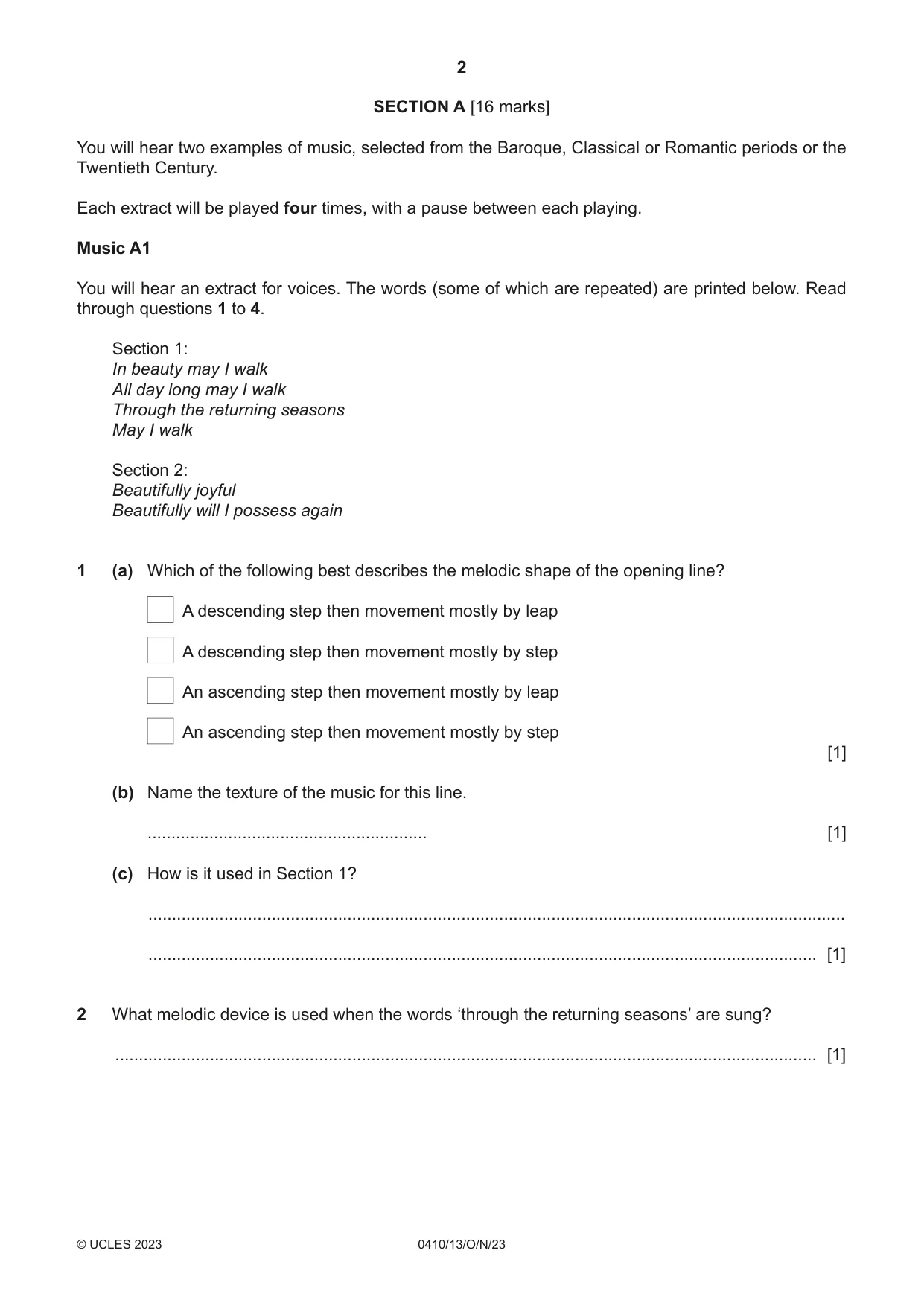 Cambridge IGCSE Music 0410 2023 Oct/Nov Paper 1 · Variant 3 question paper, page 2 of 16
