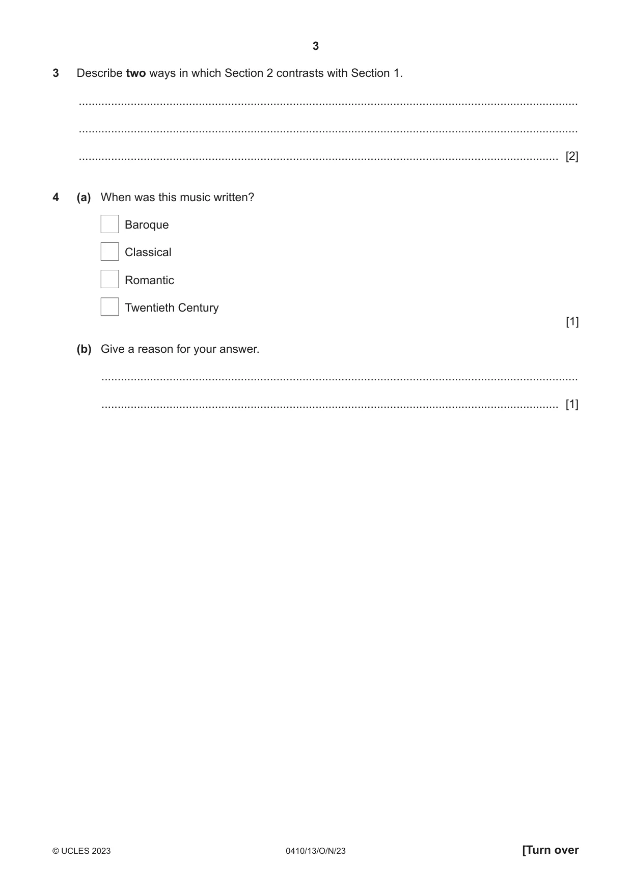 Cambridge IGCSE Music 0410 2023 Oct/Nov Paper 1 · Variant 3 question paper, page 3 of 16