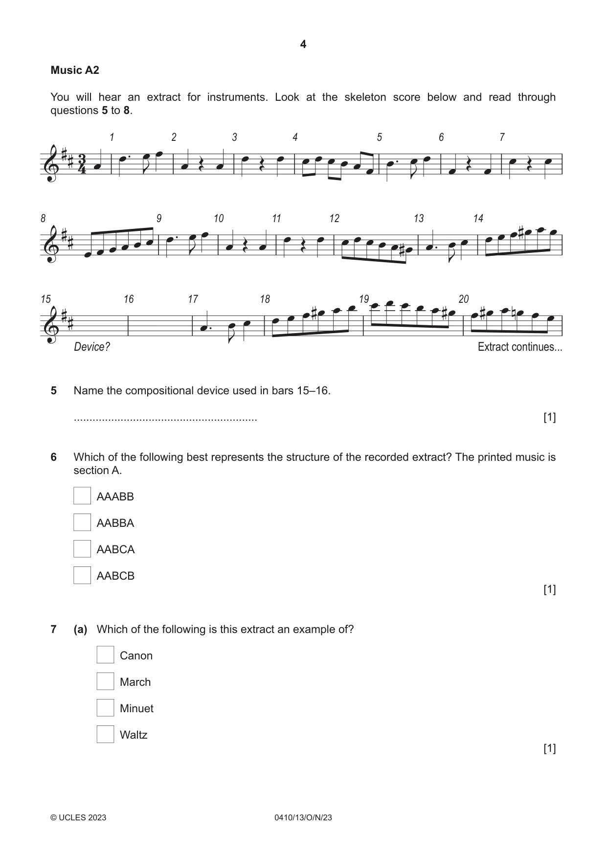 Cambridge IGCSE Music 0410 2023 Oct/Nov Paper 1 · Variant 3 question paper, page 4 of 16