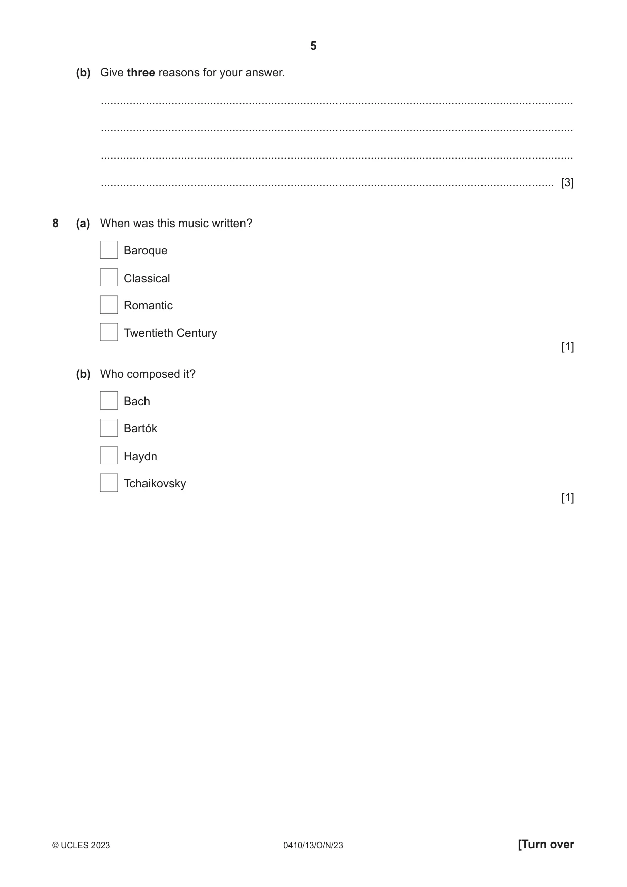 Cambridge IGCSE Music 0410 2023 Oct/Nov Paper 1 · Variant 3 question paper, page 5 of 16