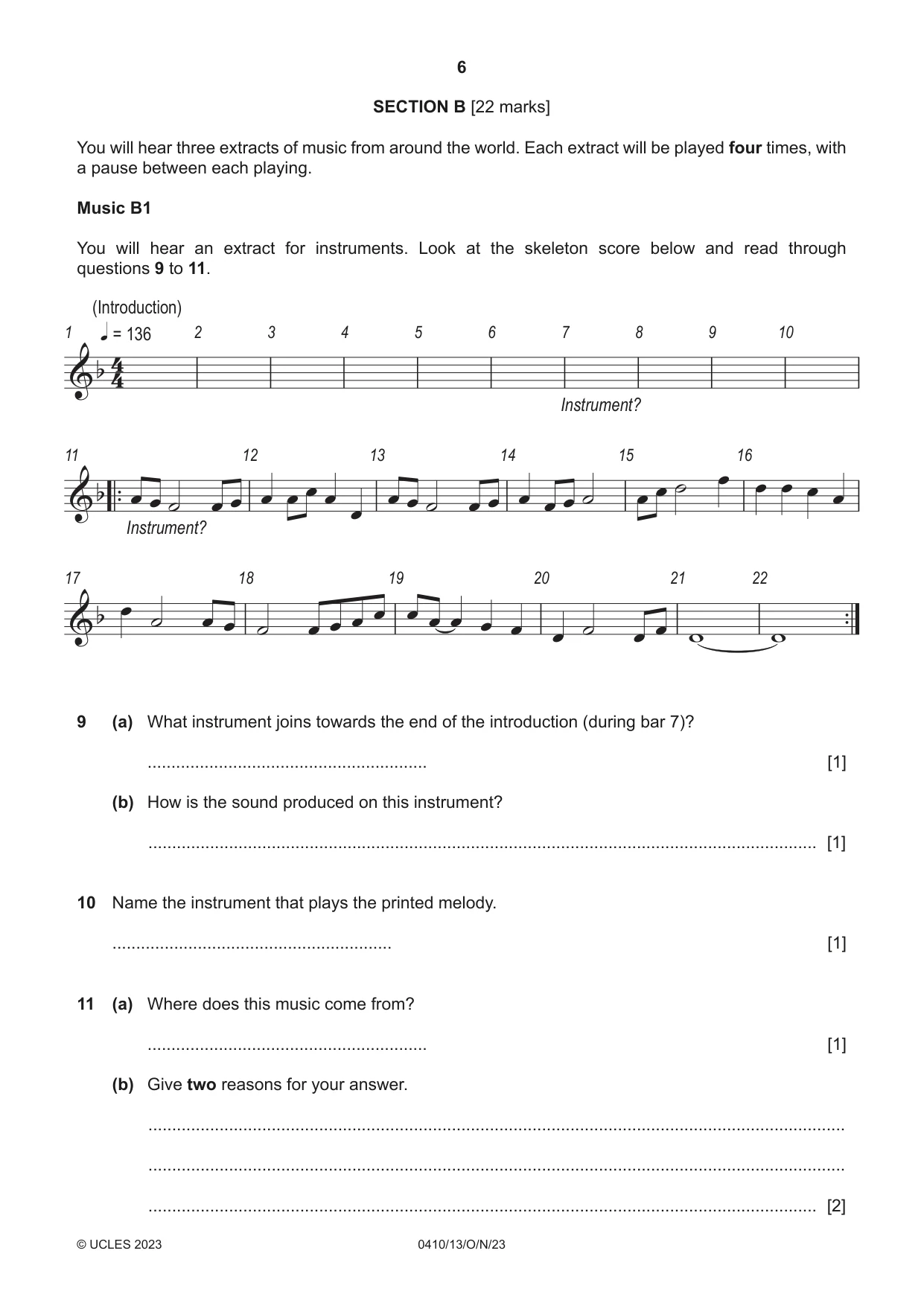 Cambridge IGCSE Music 0410 2023 Oct/Nov Paper 1 · Variant 3 question paper, page 6 of 16
