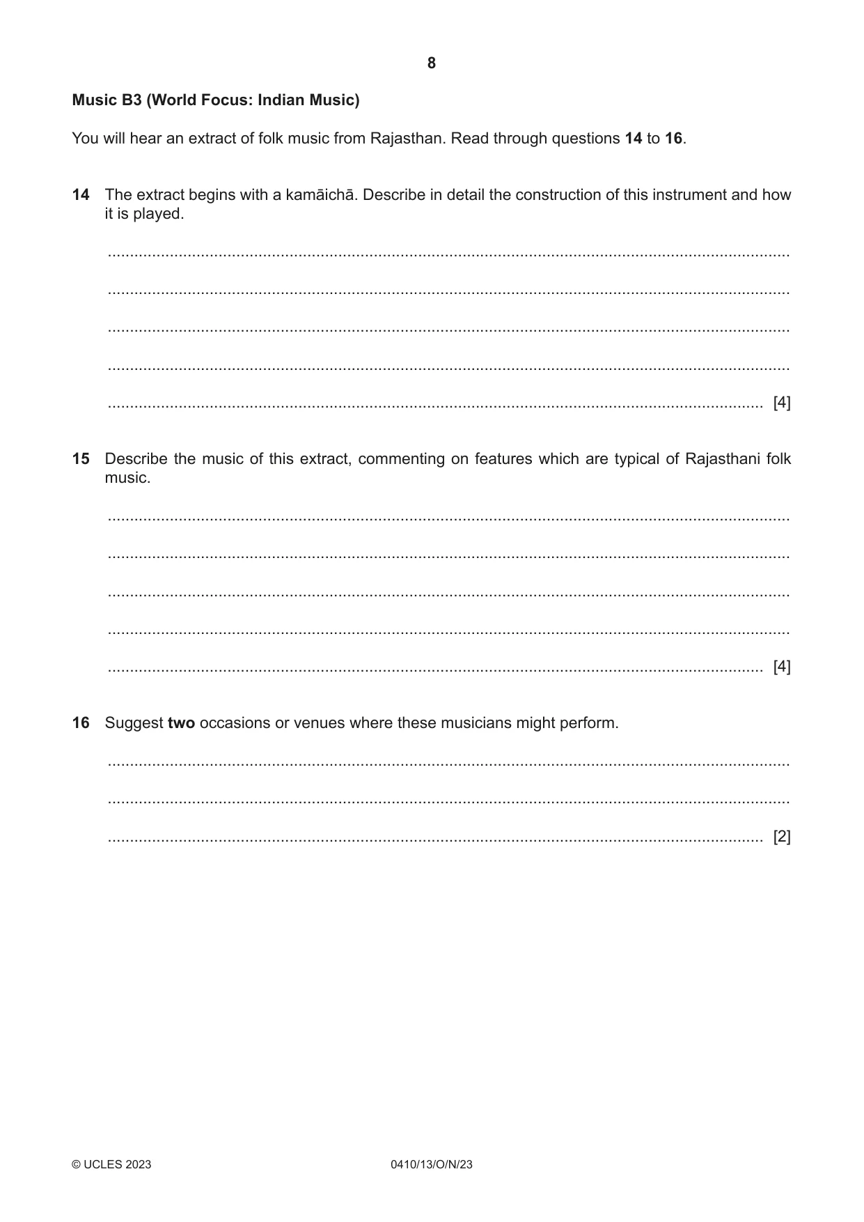 Cambridge IGCSE Music 0410 2023 Oct/Nov Paper 1 · Variant 3 question paper, page 8 of 16