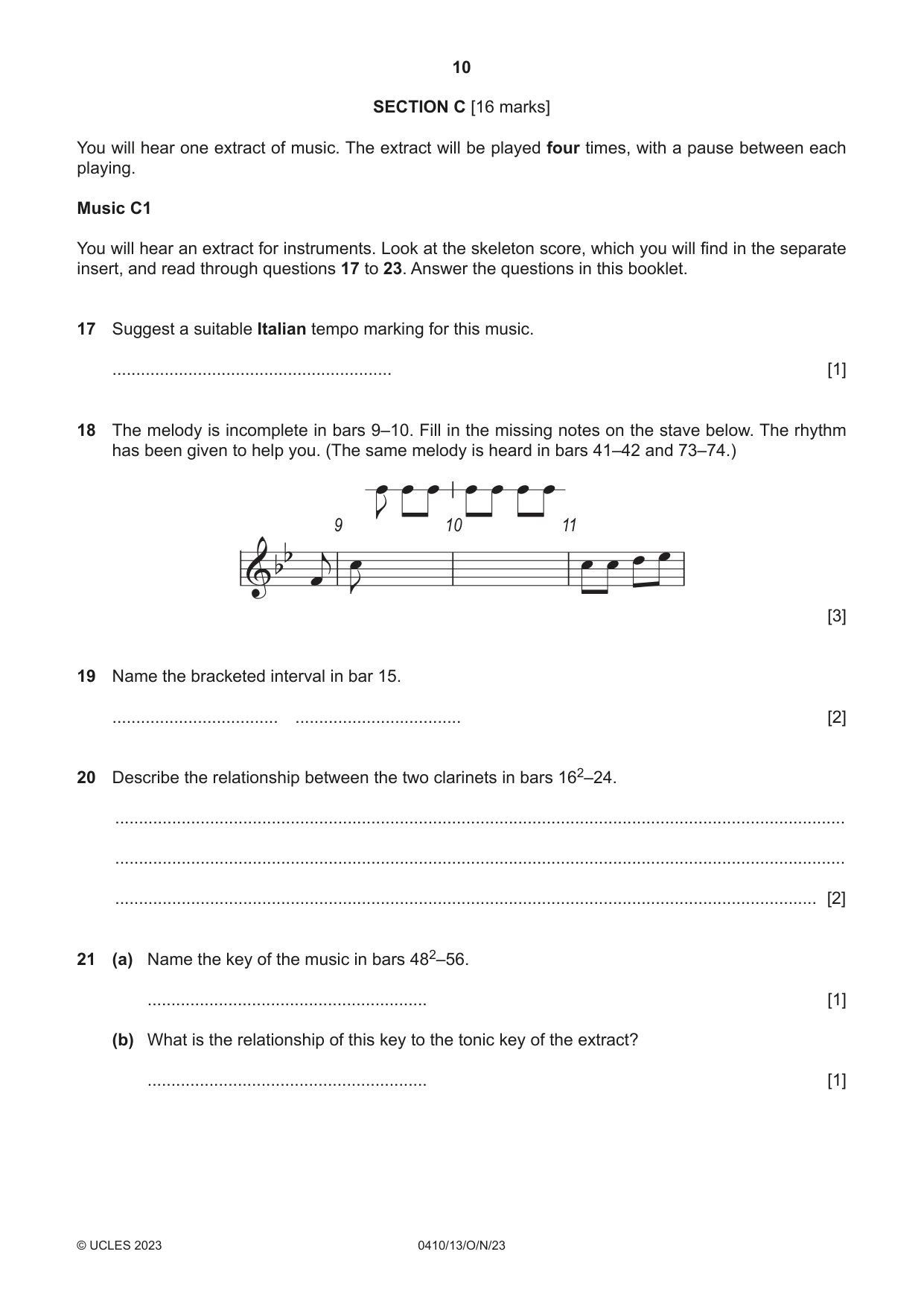 Cambridge IGCSE Music 0410 2023 Oct/Nov Paper 1 · Variant 3 question paper, page 10 of 16