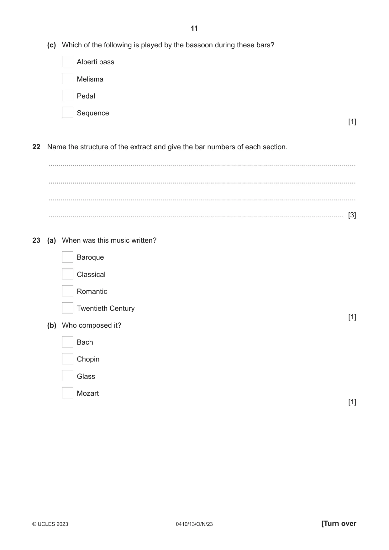 Cambridge IGCSE Music 0410 2023 Oct/Nov Paper 1 · Variant 3 question paper, page 11 of 16