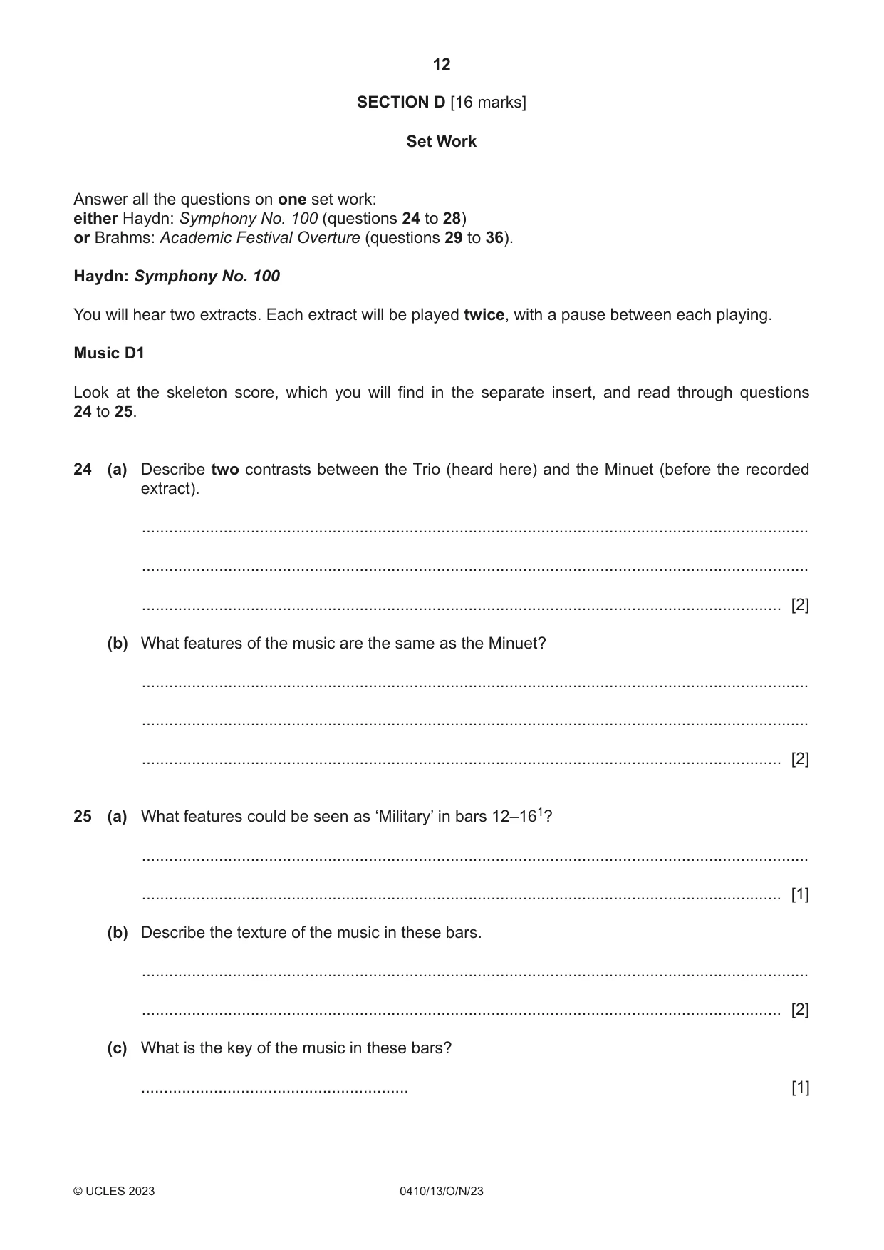 Cambridge IGCSE Music 0410 2023 Oct/Nov Paper 1 · Variant 3 question paper, page 12 of 16