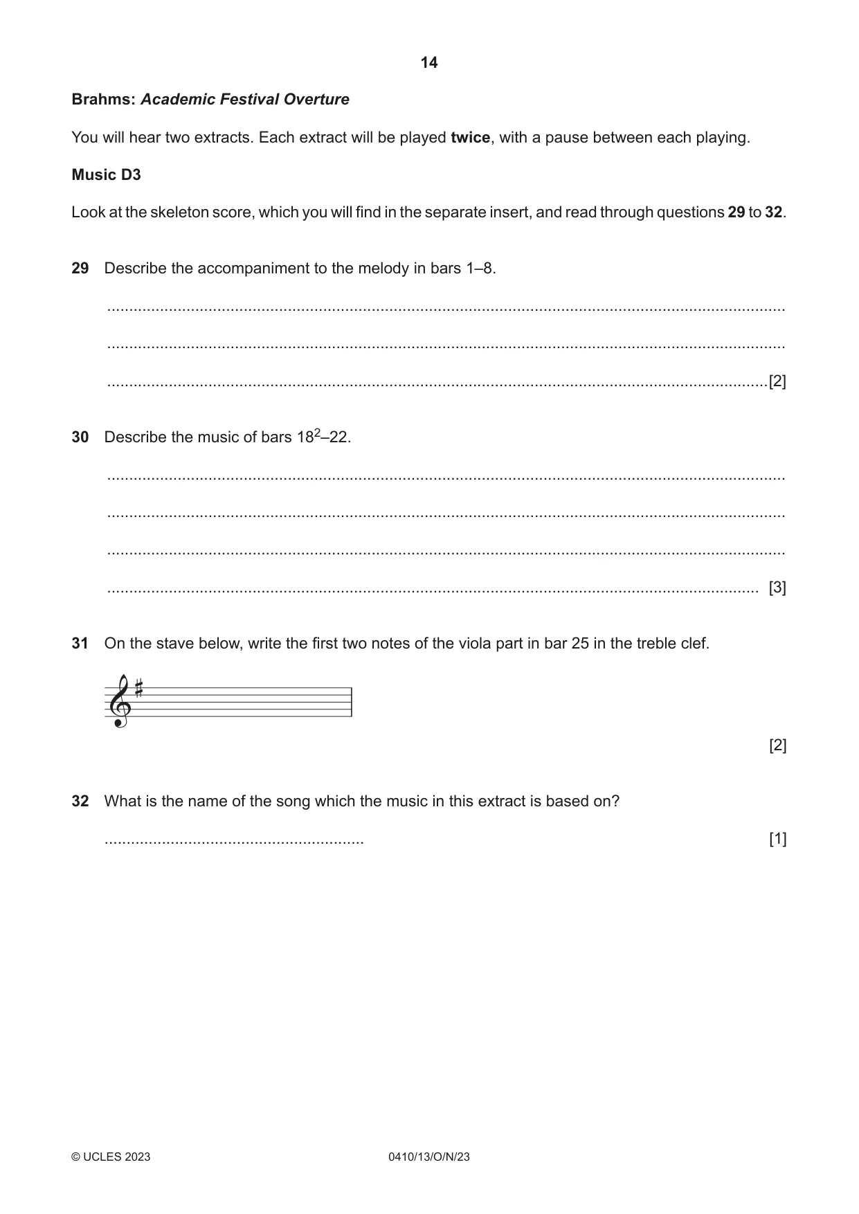 Cambridge IGCSE Music 0410 2023 Oct/Nov Paper 1 · Variant 3 question paper, page 14 of 16