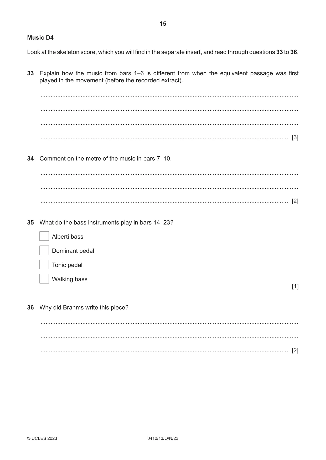 Cambridge IGCSE Music 0410 2023 Oct/Nov Paper 1 · Variant 3 question paper, page 15 of 16