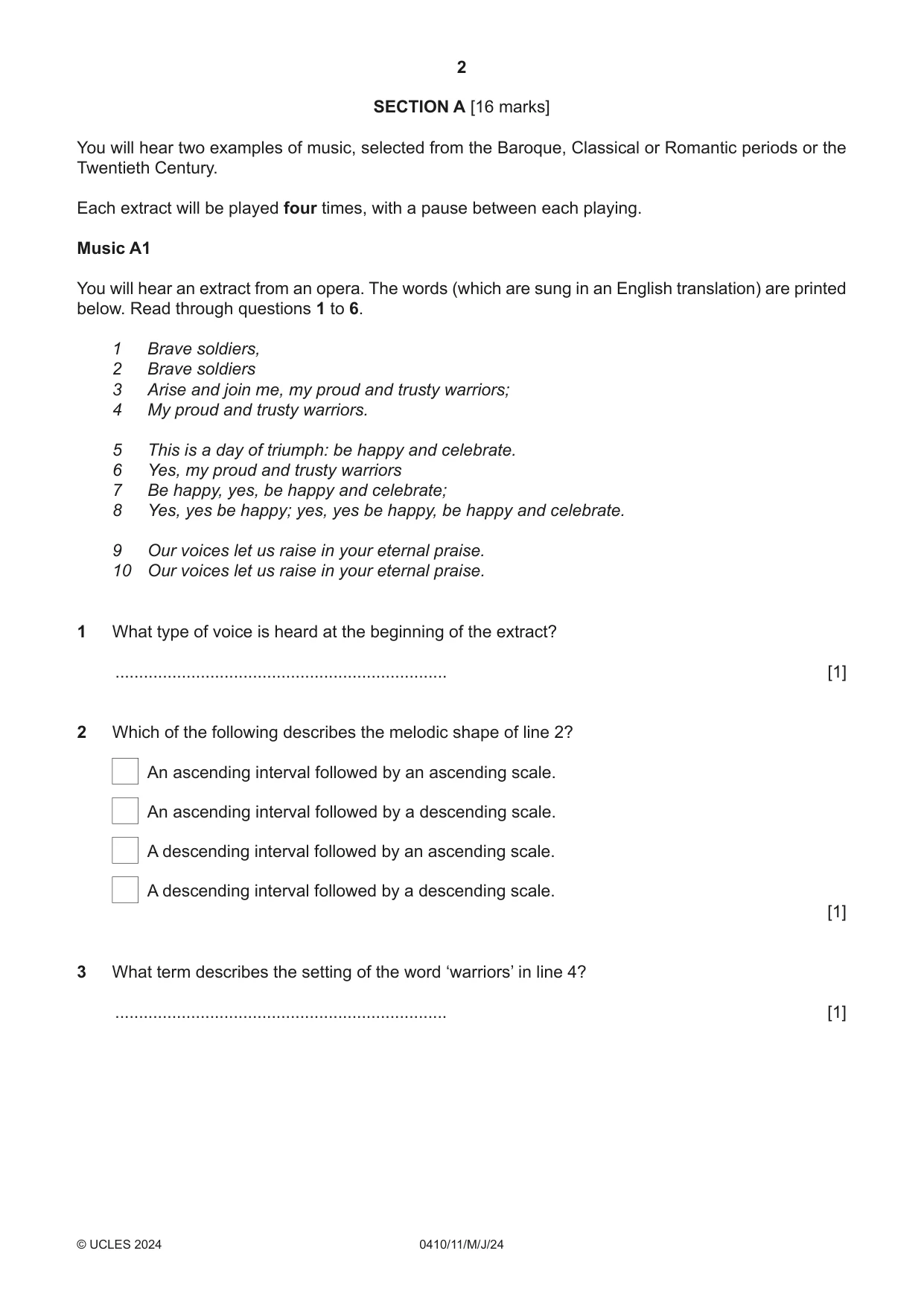 Cambridge IGCSE Music 0410 2024 May/June Paper 1 · Variant 1 question paper, page 2 of 16