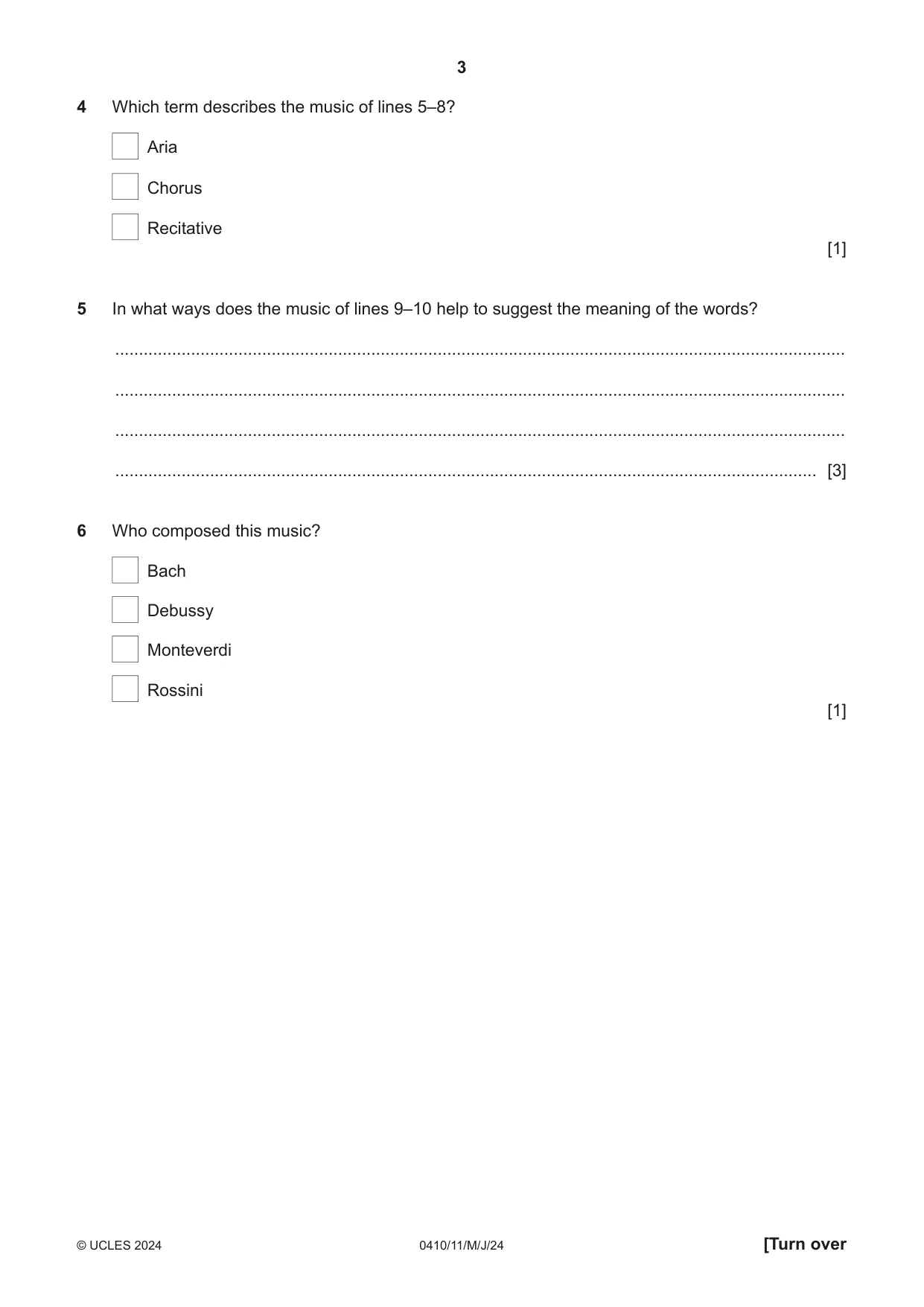 Cambridge IGCSE Music 0410 2024 May/June Paper 1 · Variant 1 question paper, page 3 of 16