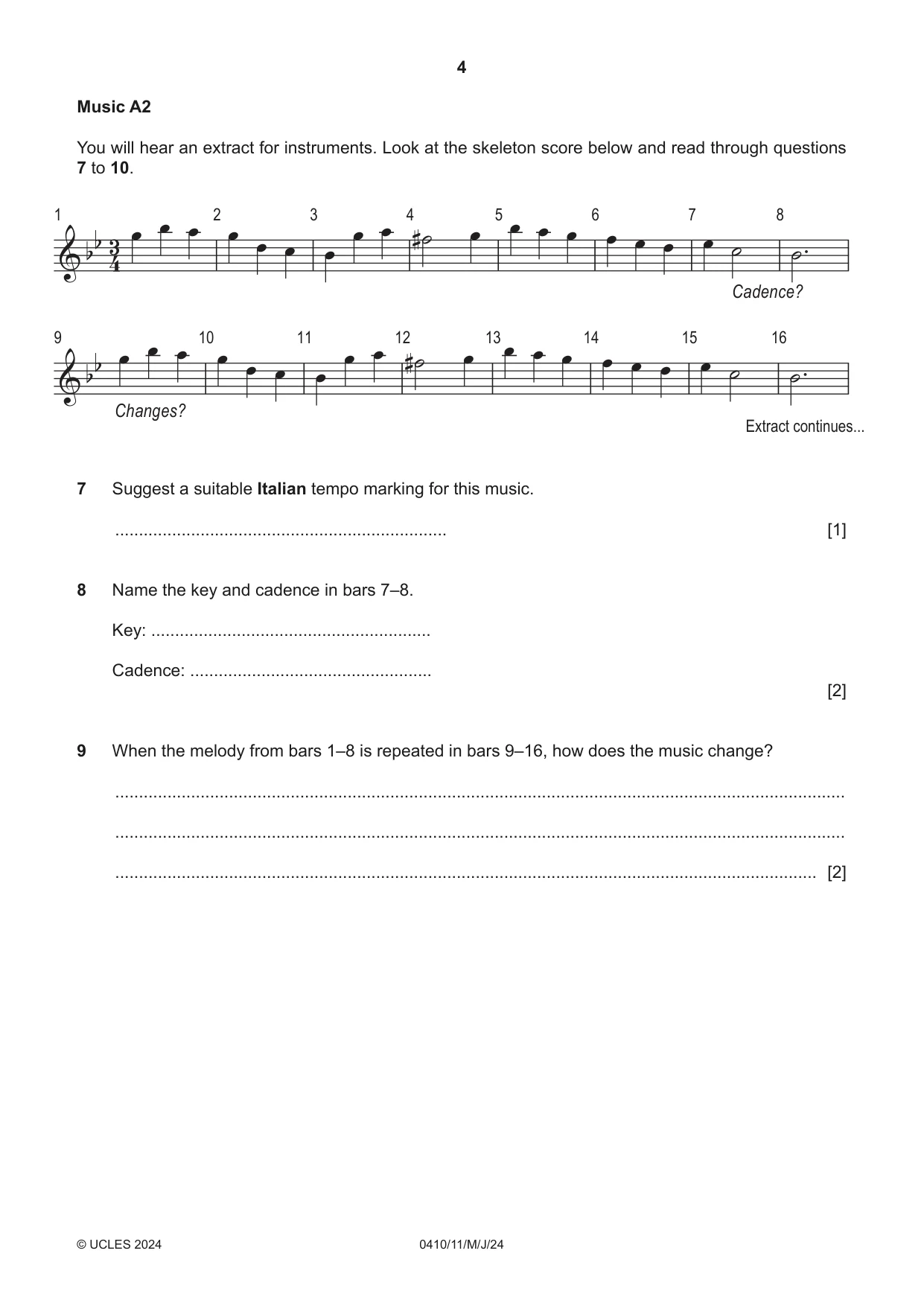 Cambridge IGCSE Music 0410 2024 May/June Paper 1 · Variant 1 question paper, page 4 of 16
