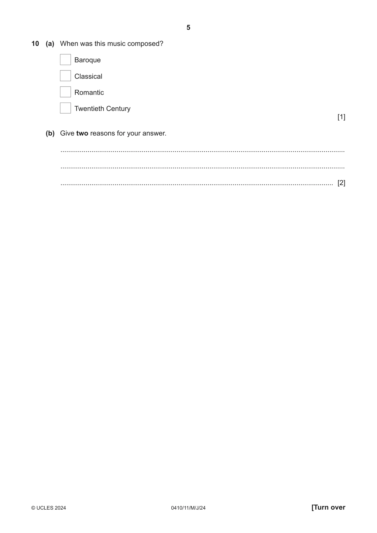 Cambridge IGCSE Music 0410 2024 May/June Paper 1 · Variant 1 question paper, page 5 of 16