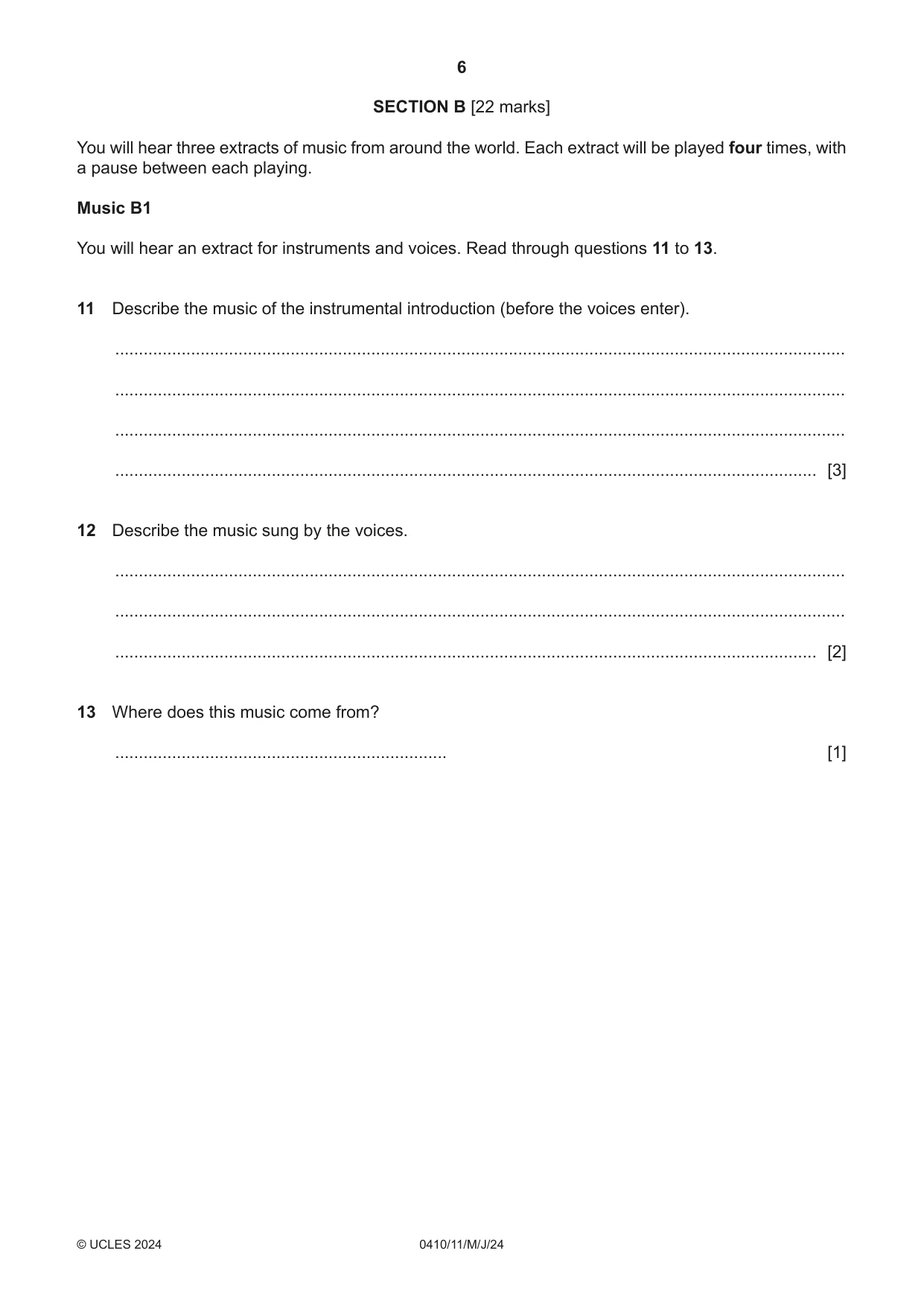 Cambridge IGCSE Music 0410 2024 May/June Paper 1 · Variant 1 question paper, page 6 of 16