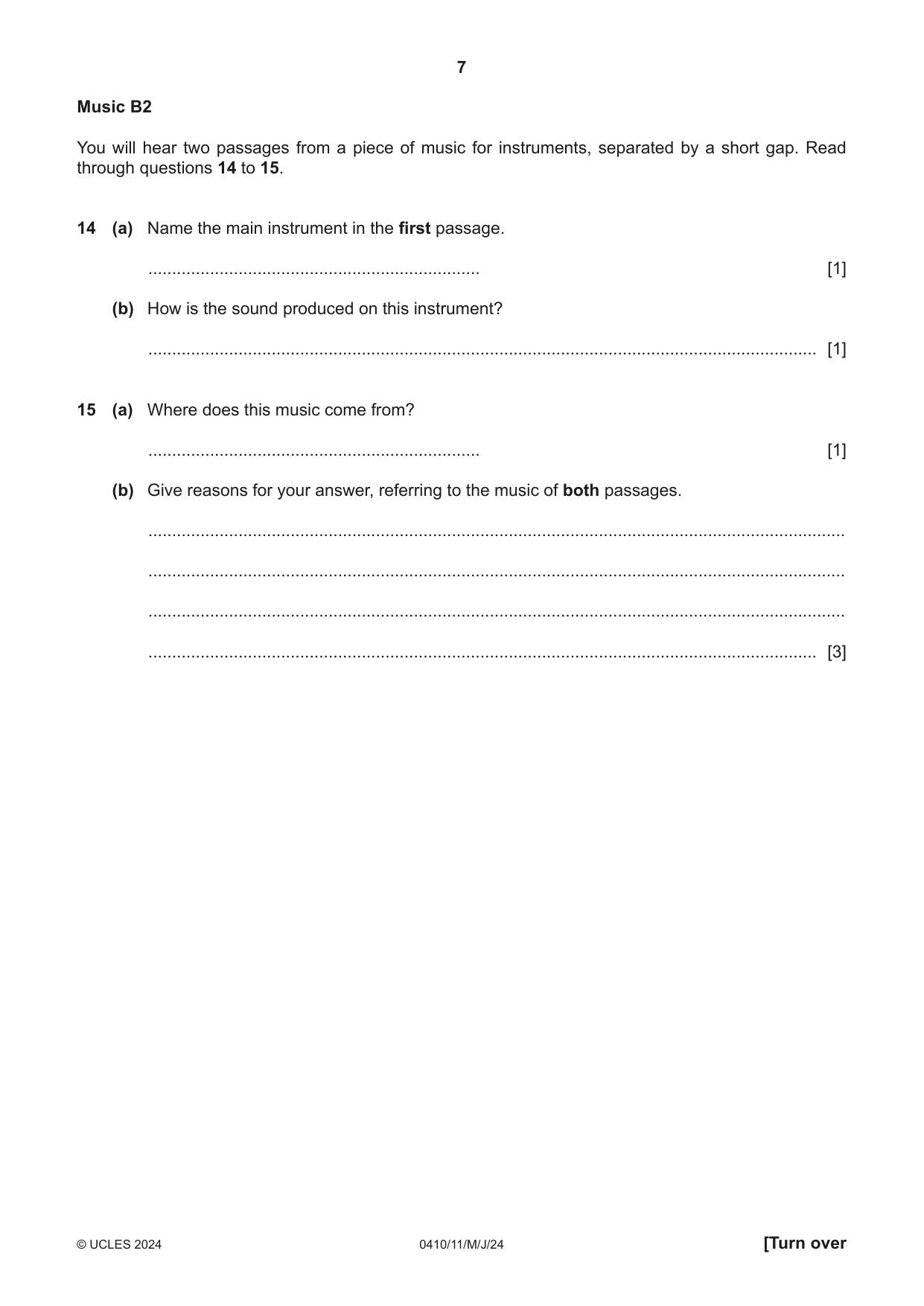 Cambridge IGCSE Music 0410 2024 May/June Paper 1 · Variant 1 question paper, page 7 of 16