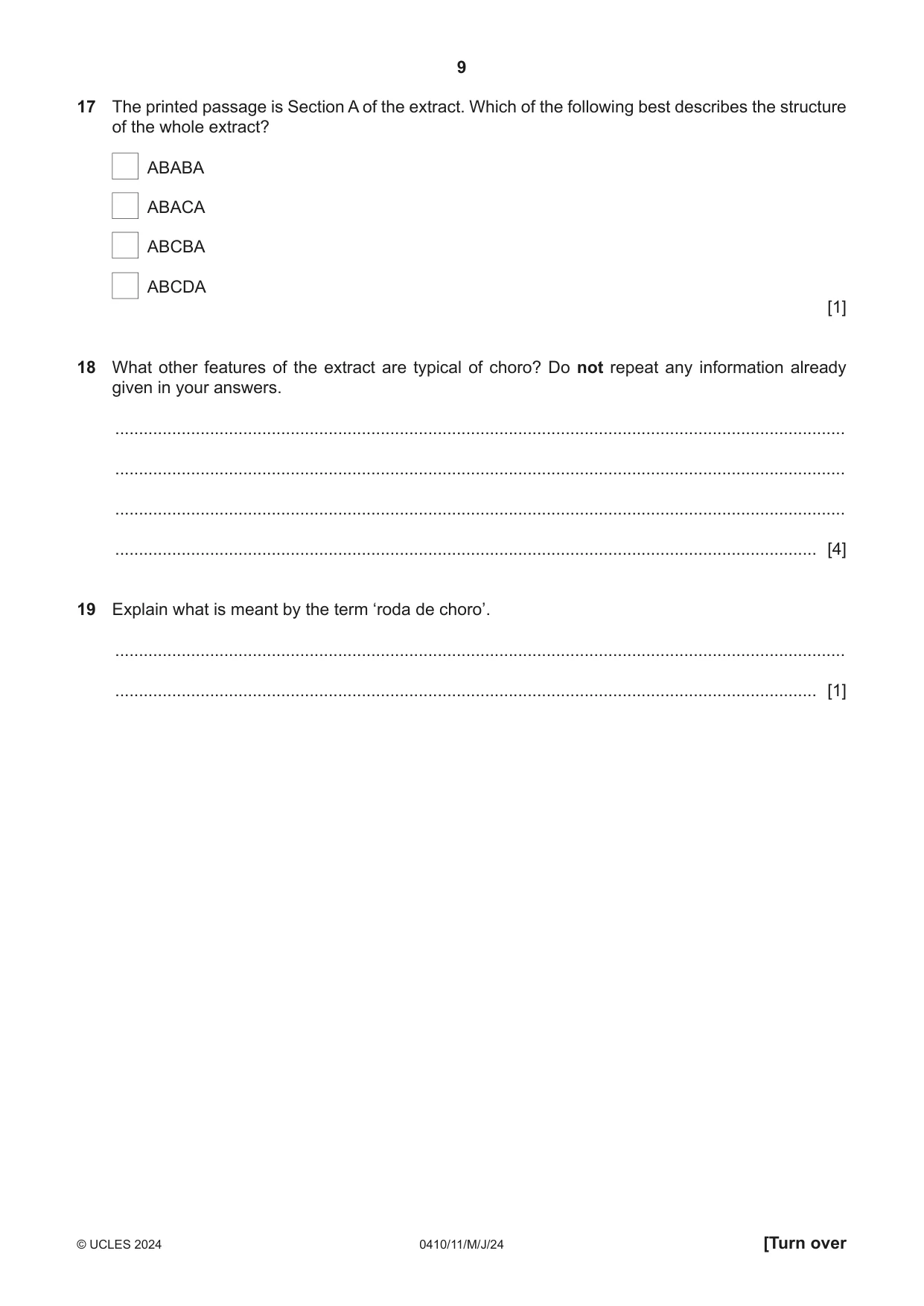 Cambridge IGCSE Music 0410 2024 May/June Paper 1 · Variant 1 question paper, page 9 of 16