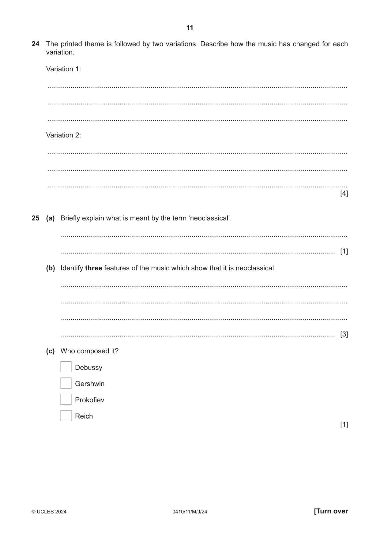 Cambridge IGCSE Music 0410 2024 May/June Paper 1 · Variant 1 question paper, page 11 of 16
