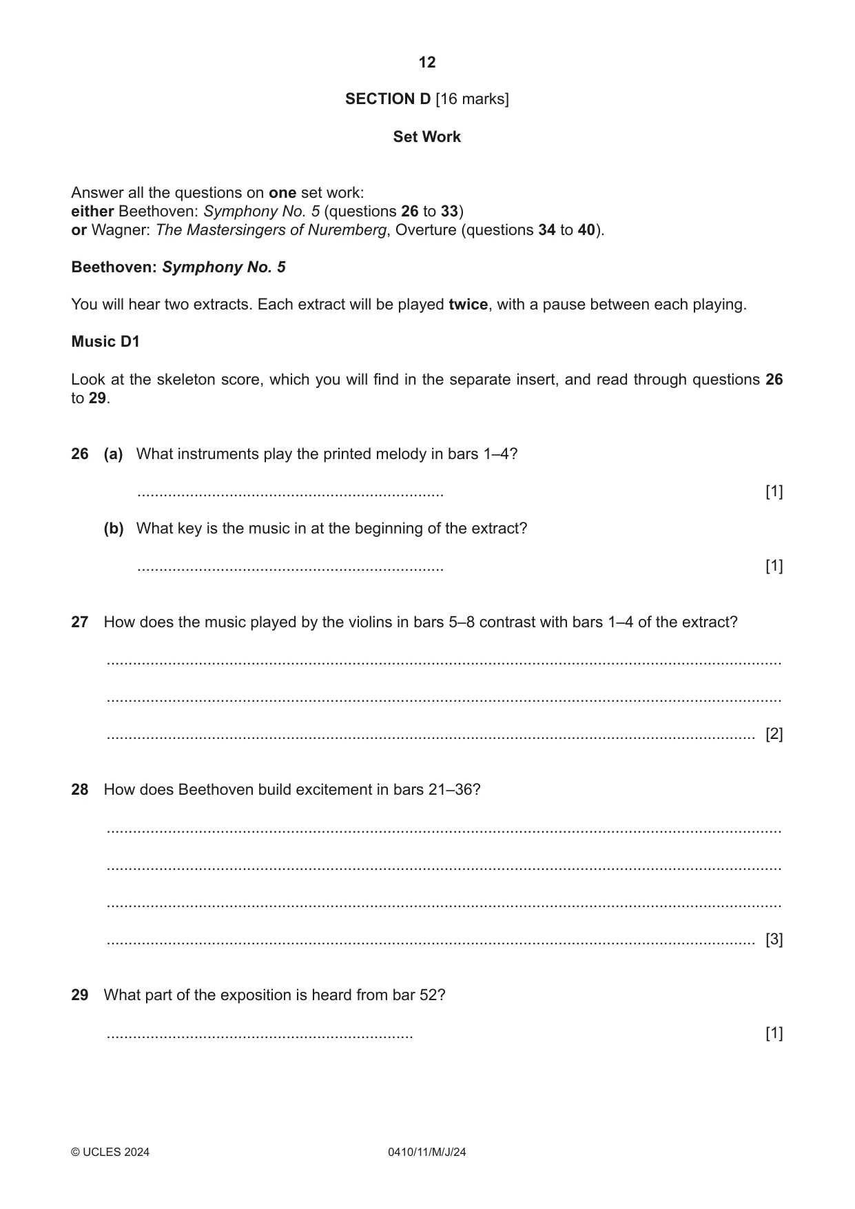 Cambridge IGCSE Music 0410 2024 May/June Paper 1 · Variant 1 question paper, page 12 of 16