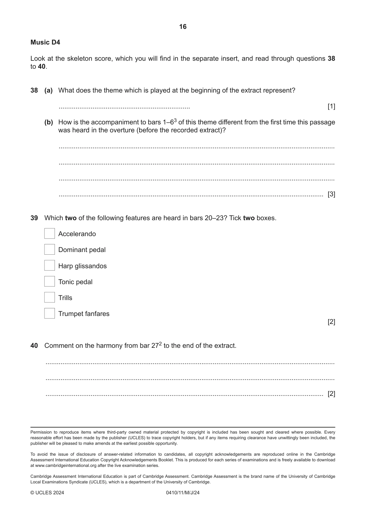 Cambridge IGCSE Music 0410 2024 May/June Paper 1 · Variant 1 question paper, page 16 of 16