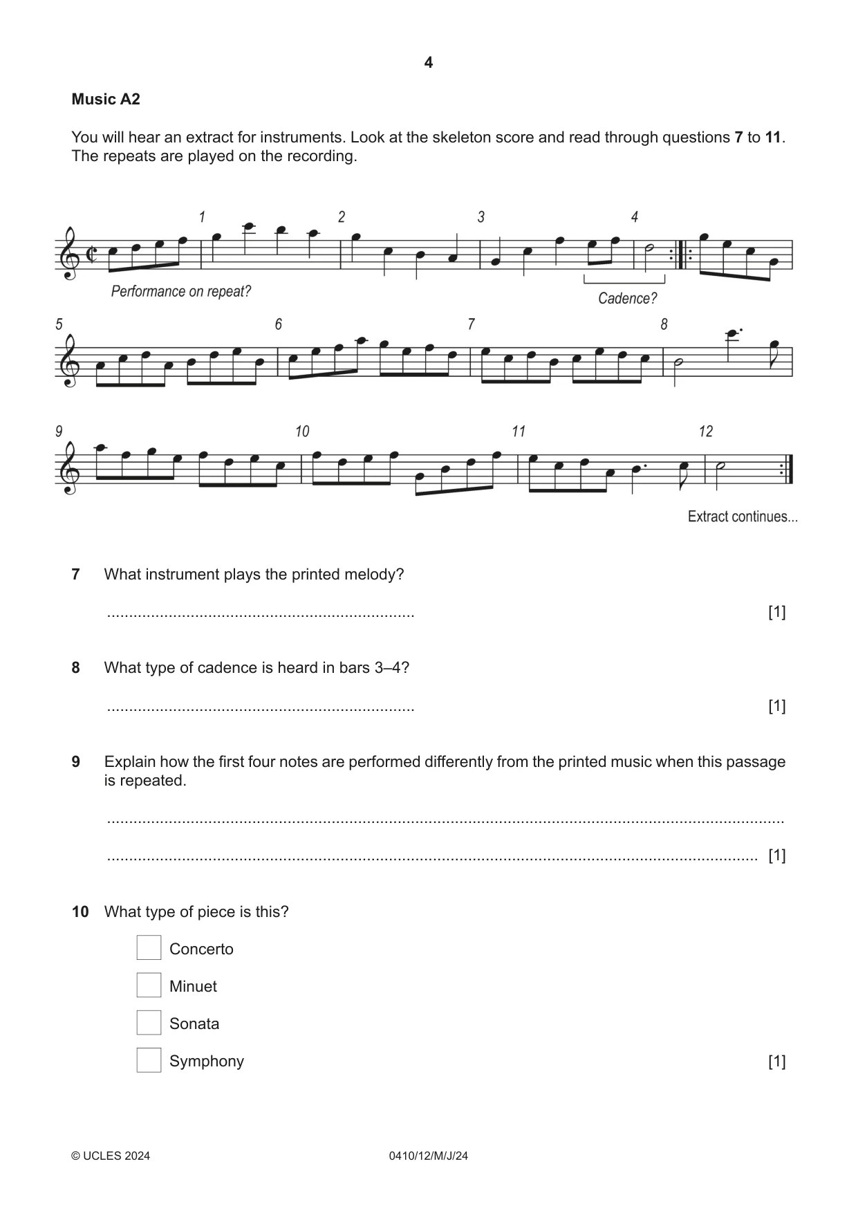 Cambridge IGCSE Music 0410 2024 May/June Paper 1 · Variant 2 question paper, page 4 of 16