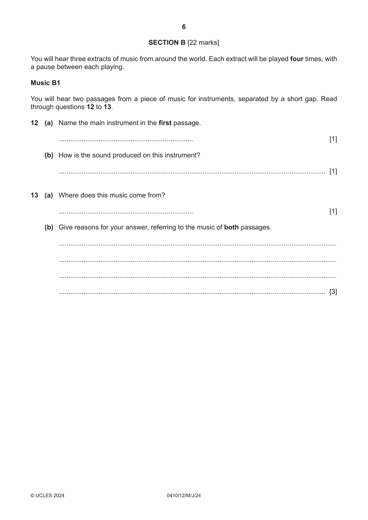 Cambridge IGCSE Music 0410 2024 May/June Paper 1 · Variant 2 question paper, page 6 of 16