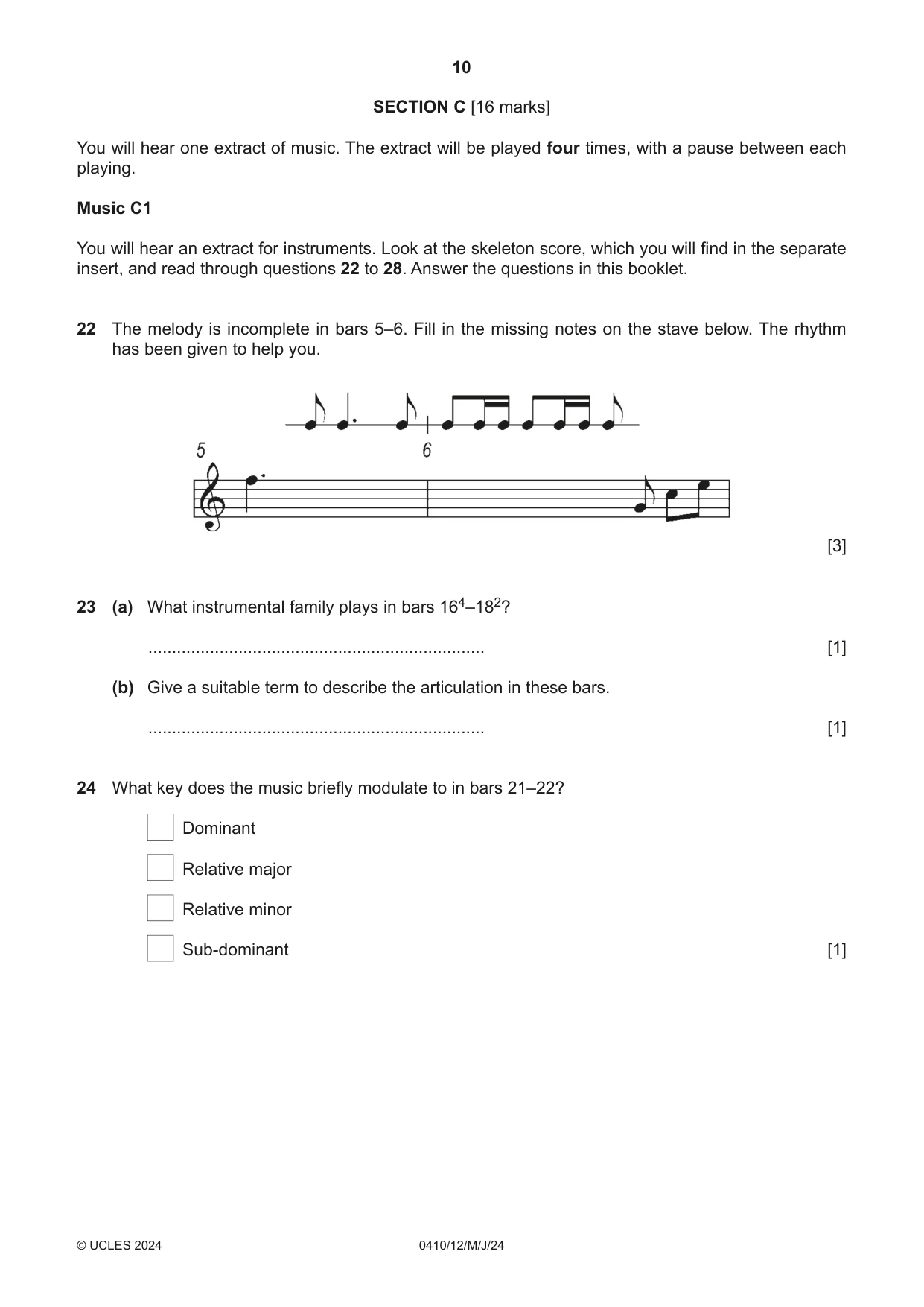 Cambridge IGCSE Music 0410 2024 May/June Paper 1 · Variant 2 question paper, page 10 of 16