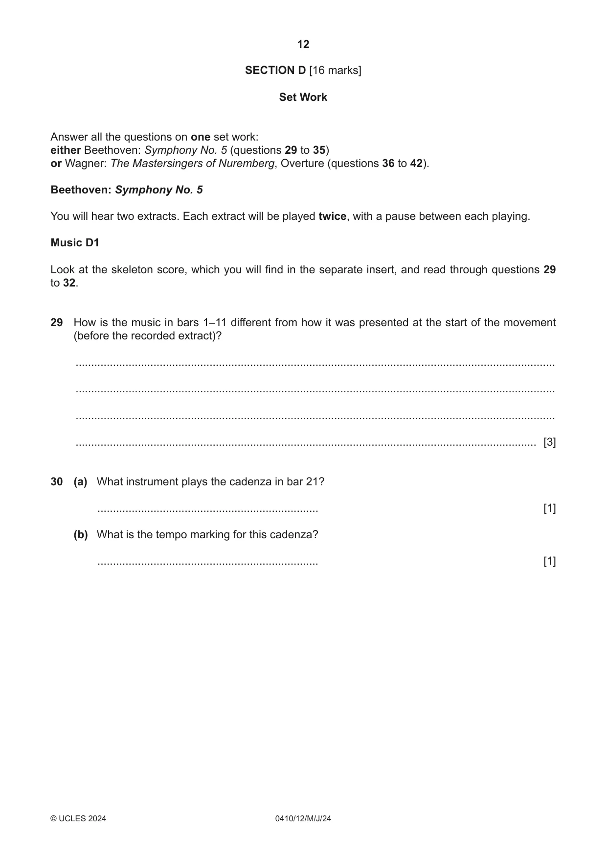 Cambridge IGCSE Music 0410 2024 May/June Paper 1 · Variant 2 question paper, page 12 of 16
