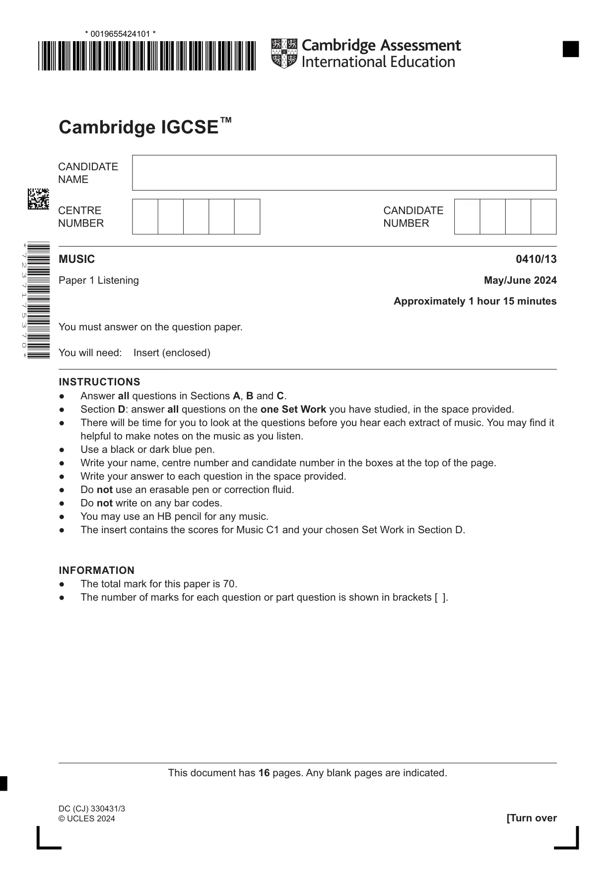 Cambridge IGCSE Music 0410 2024 May/June Paper 1 · Variant 3 question paper, page 1 of 16