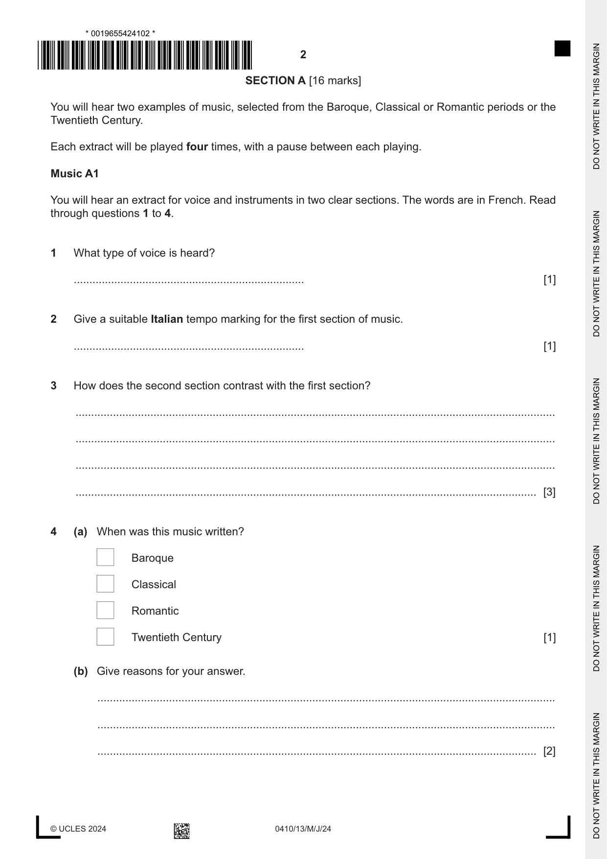 Cambridge IGCSE Music 0410 2024 May/June Paper 1 · Variant 3 question paper, page 2 of 16