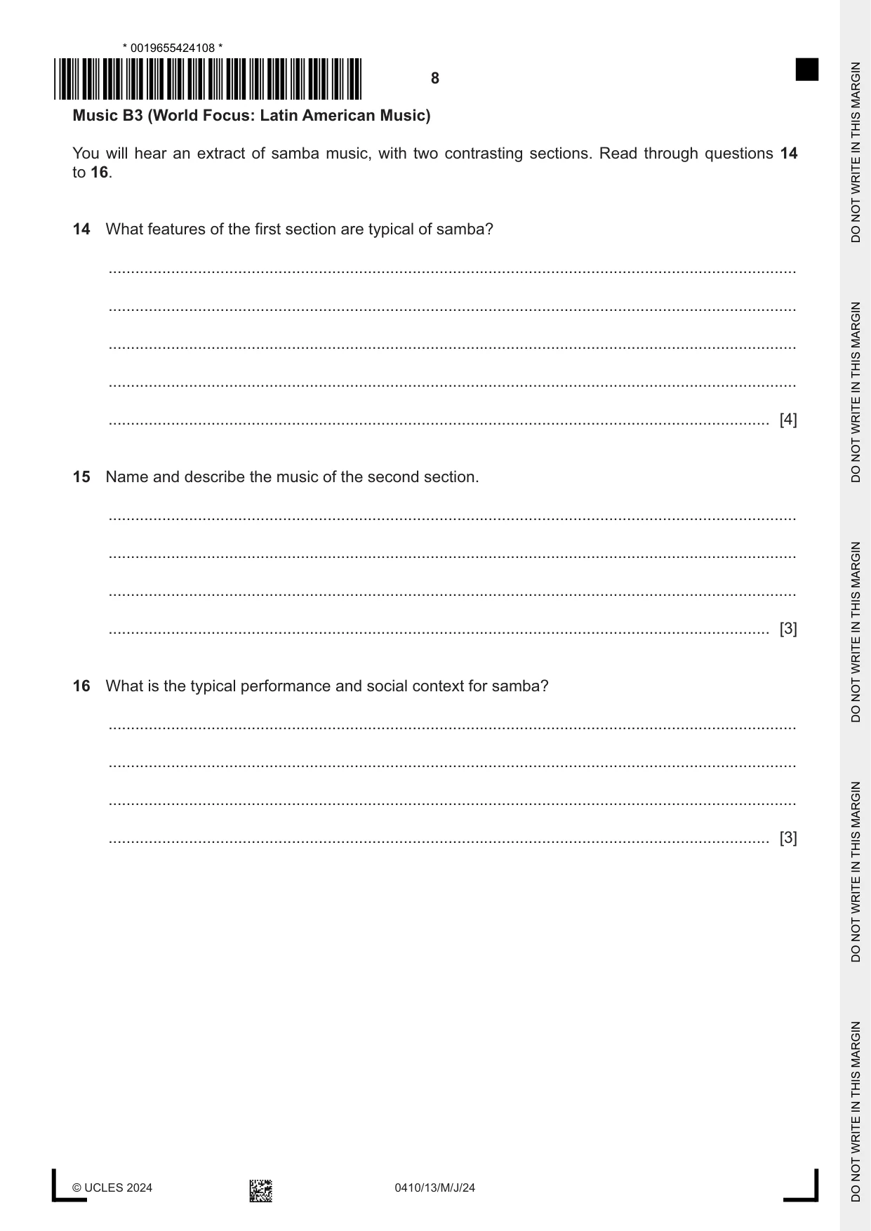 Cambridge IGCSE Music 0410 2024 May/June Paper 1 · Variant 3 question paper, page 8 of 16