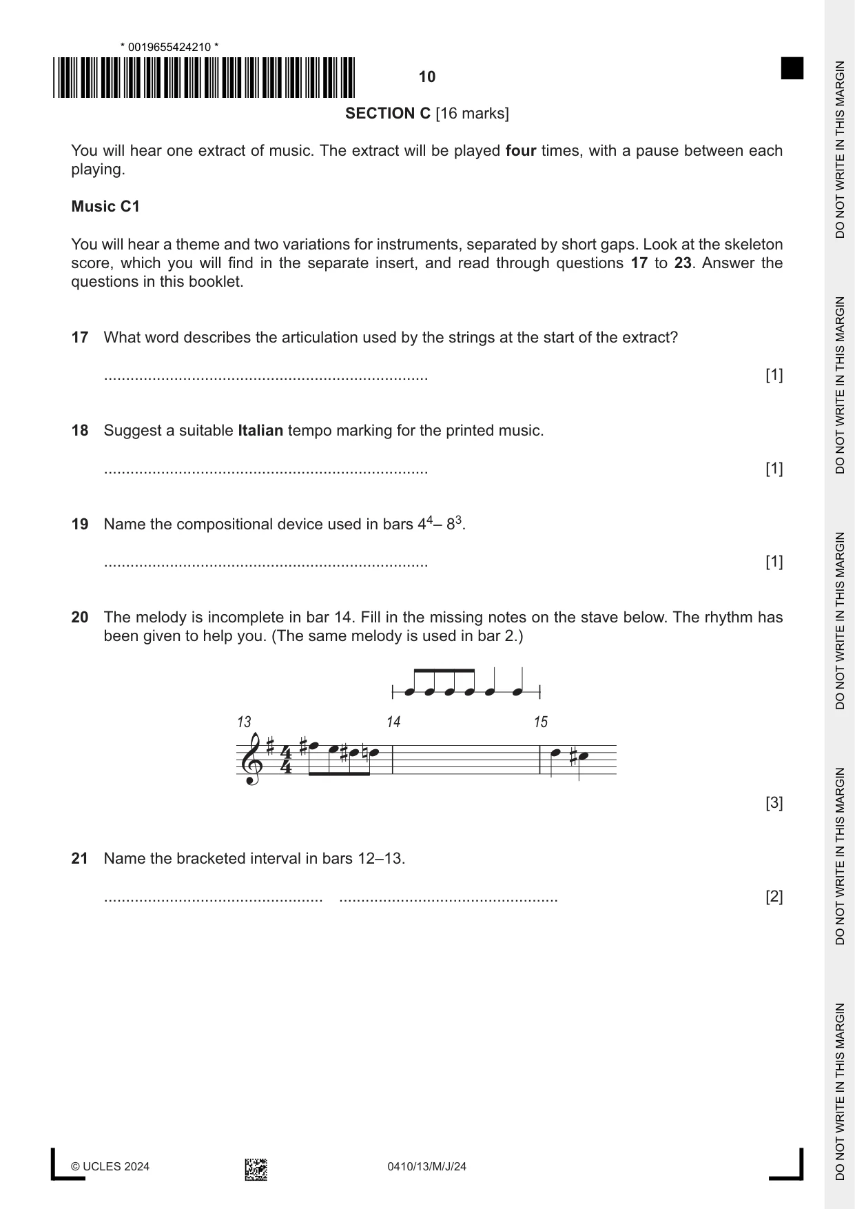Cambridge IGCSE Music 0410 2024 May/June Paper 1 · Variant 3 question paper, page 10 of 16