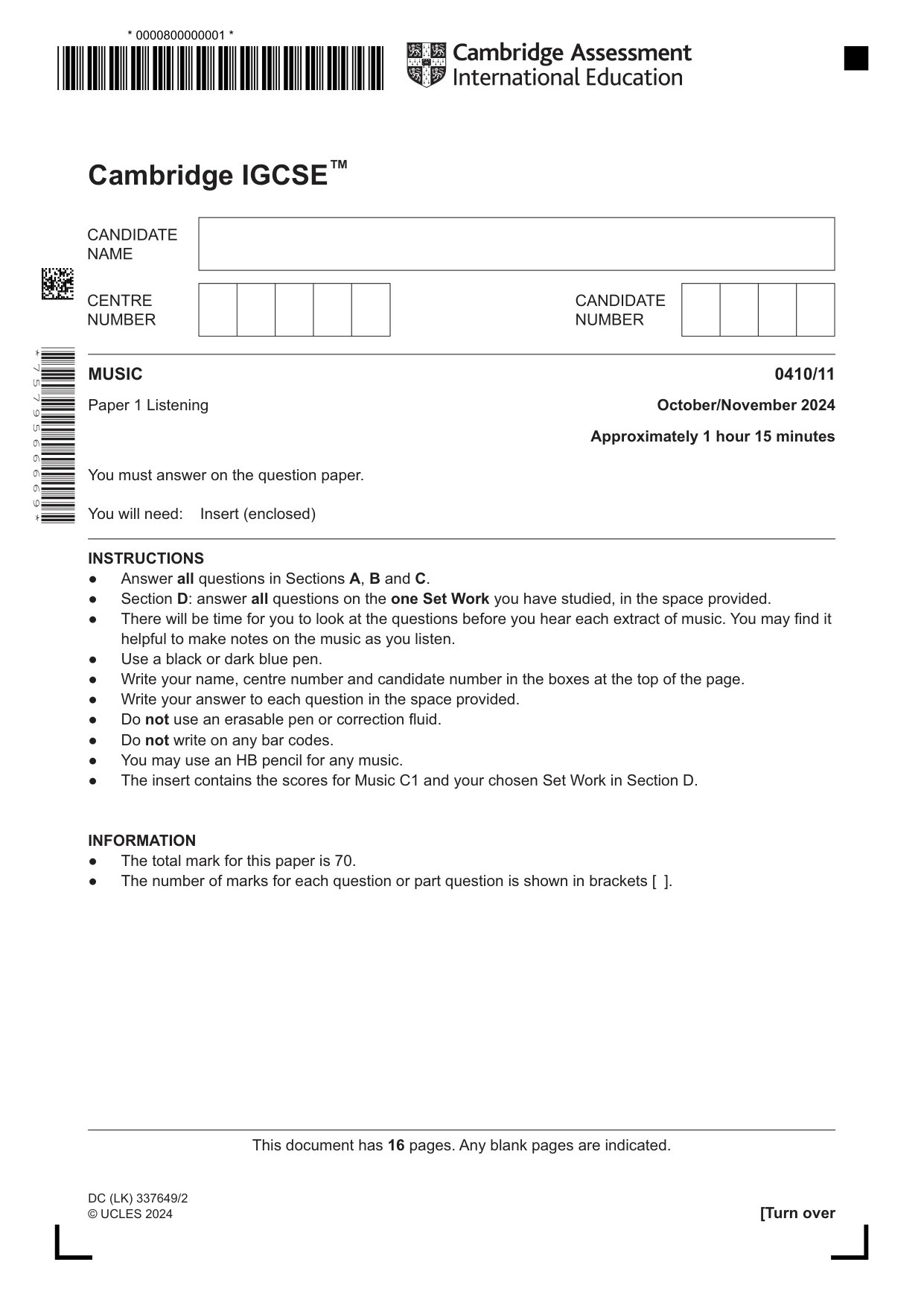 Cambridge IGCSE Music 0410 2024 Oct/Nov Paper 1 · Variant 1 question paper, page 1 of 16